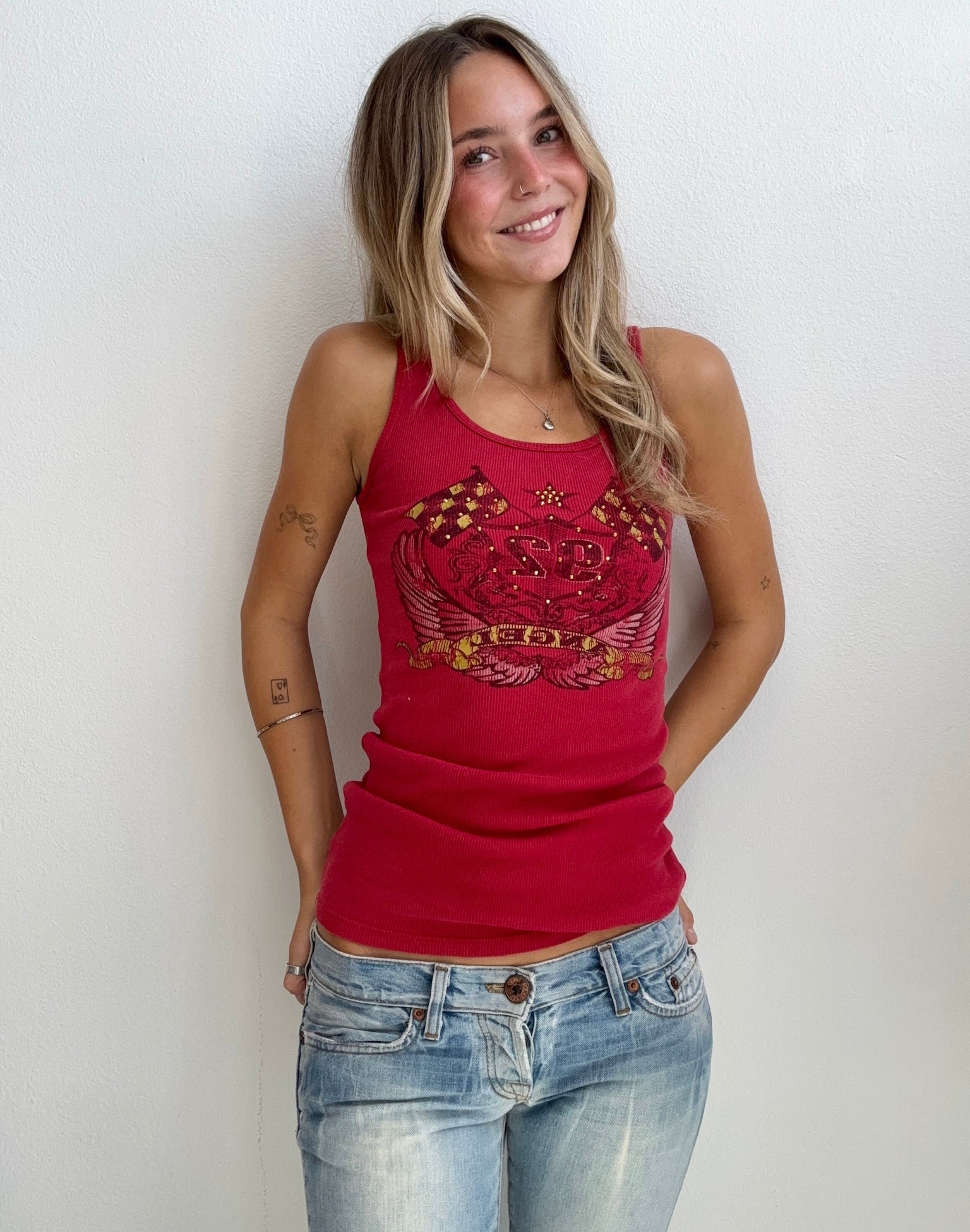 Y2K Red Rhinestone Graphic Tank (XS/Small)