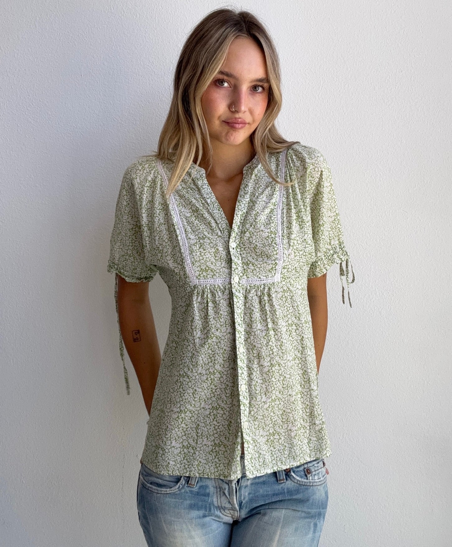 Sage Floral Button Blouse (Small)