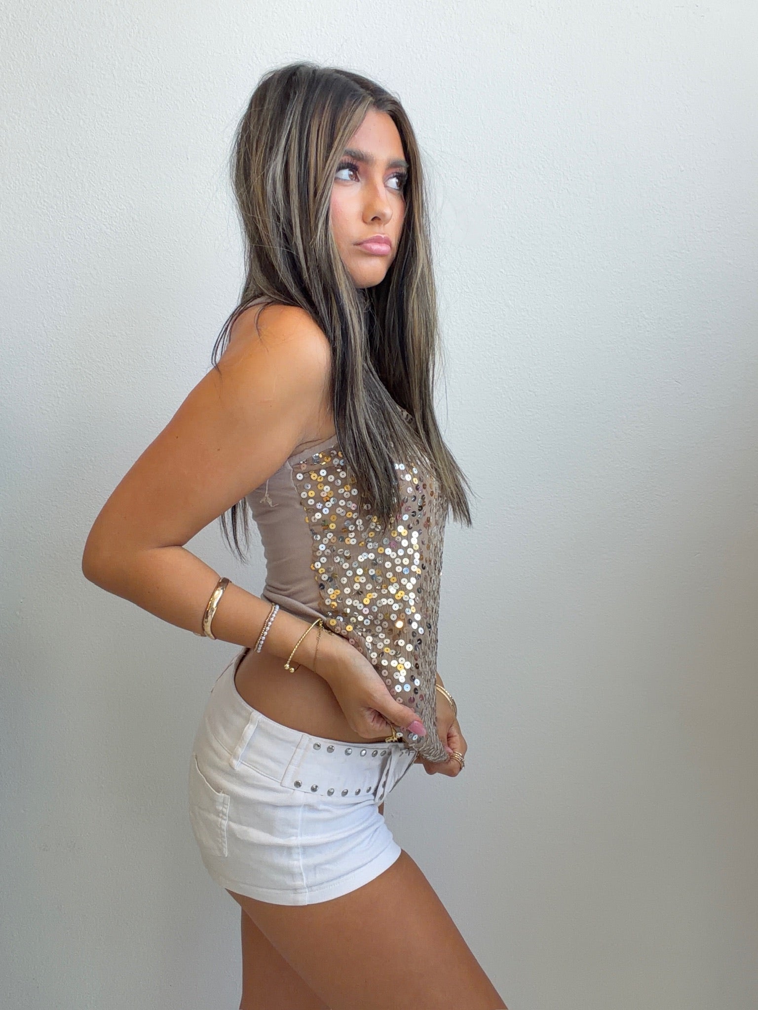 Y2K Champagne Sequin Tank (XS/S)