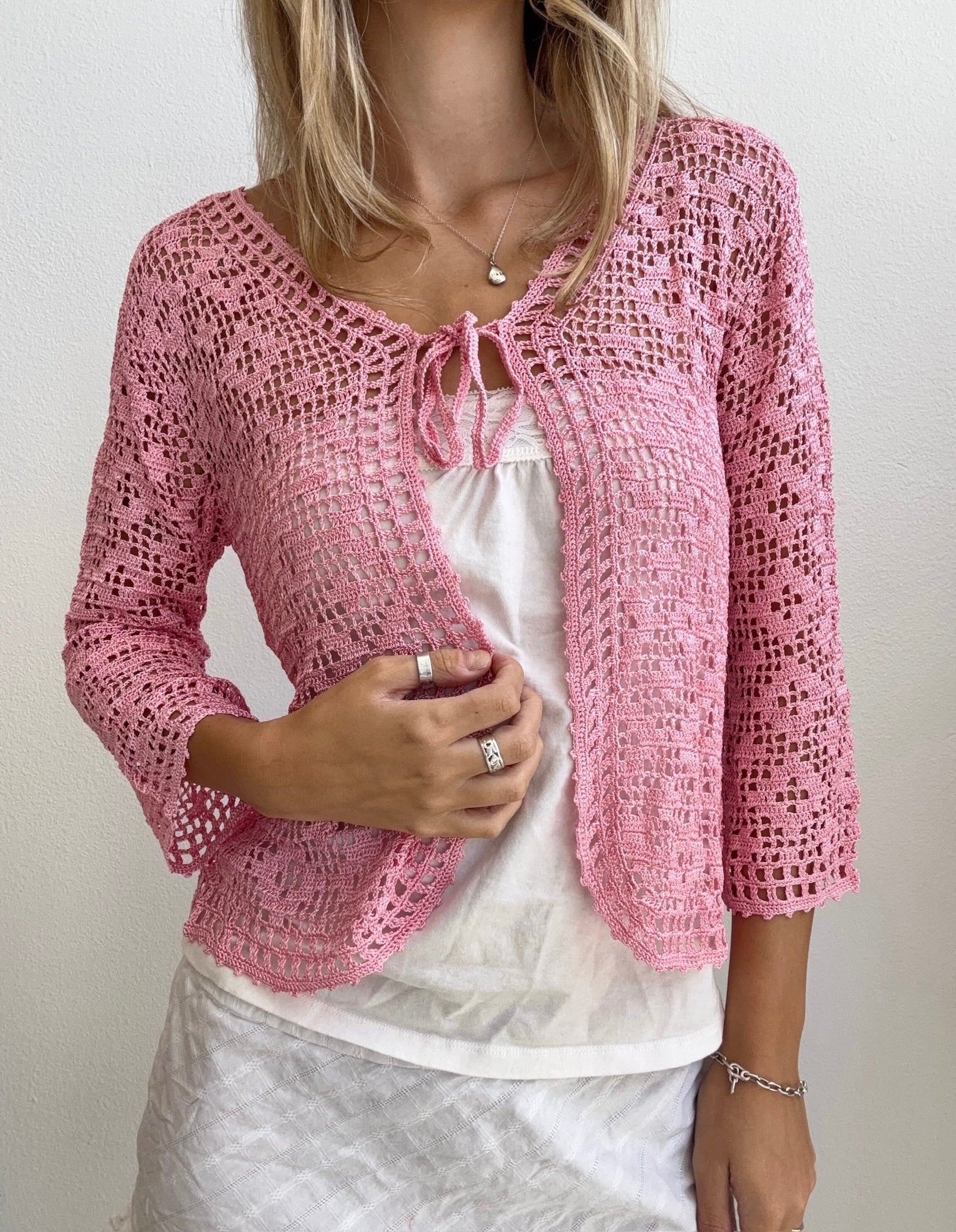Pink Crochet Tie Cardigan (X-Small)