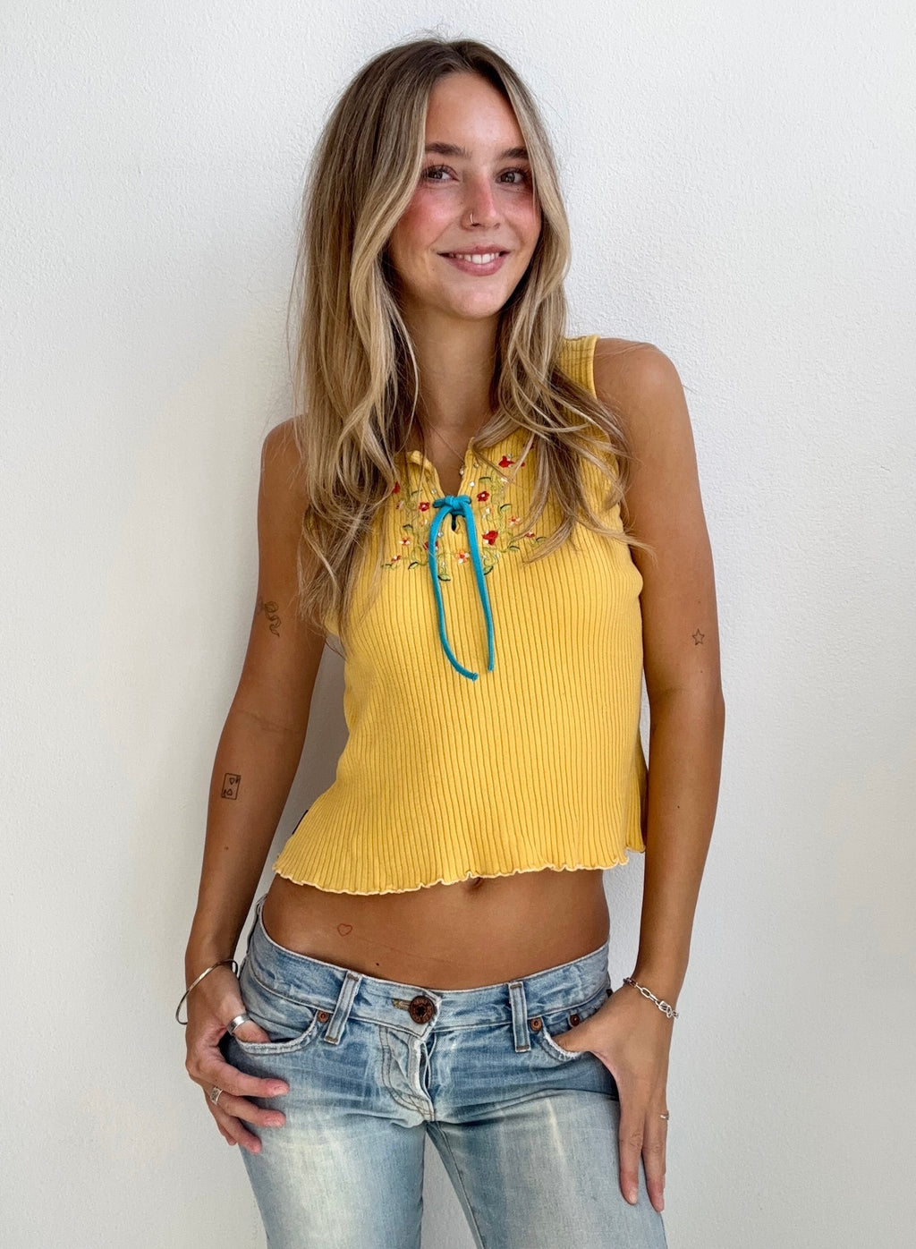 Yellow Embroidered Tie Tank (Small)