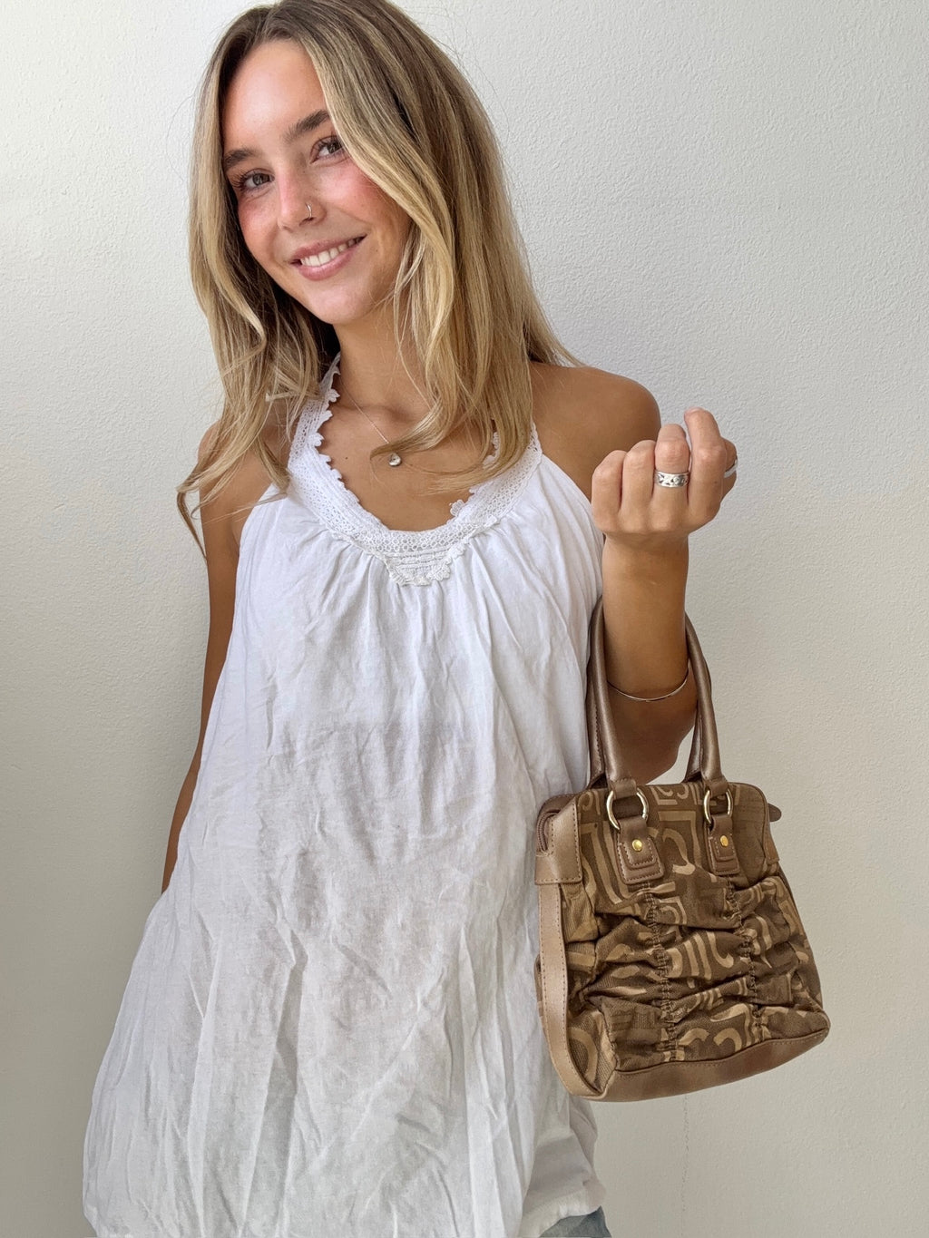 Taupe Monogram Ruched Purse