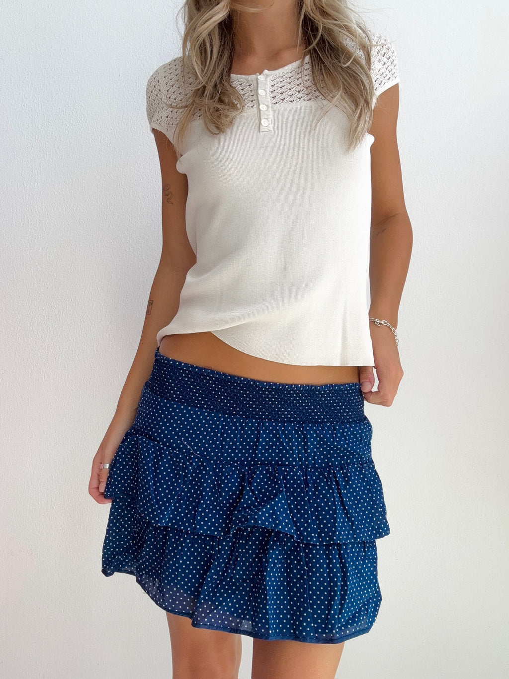 Navy Polka Dot Ruffle Skirt (Small)