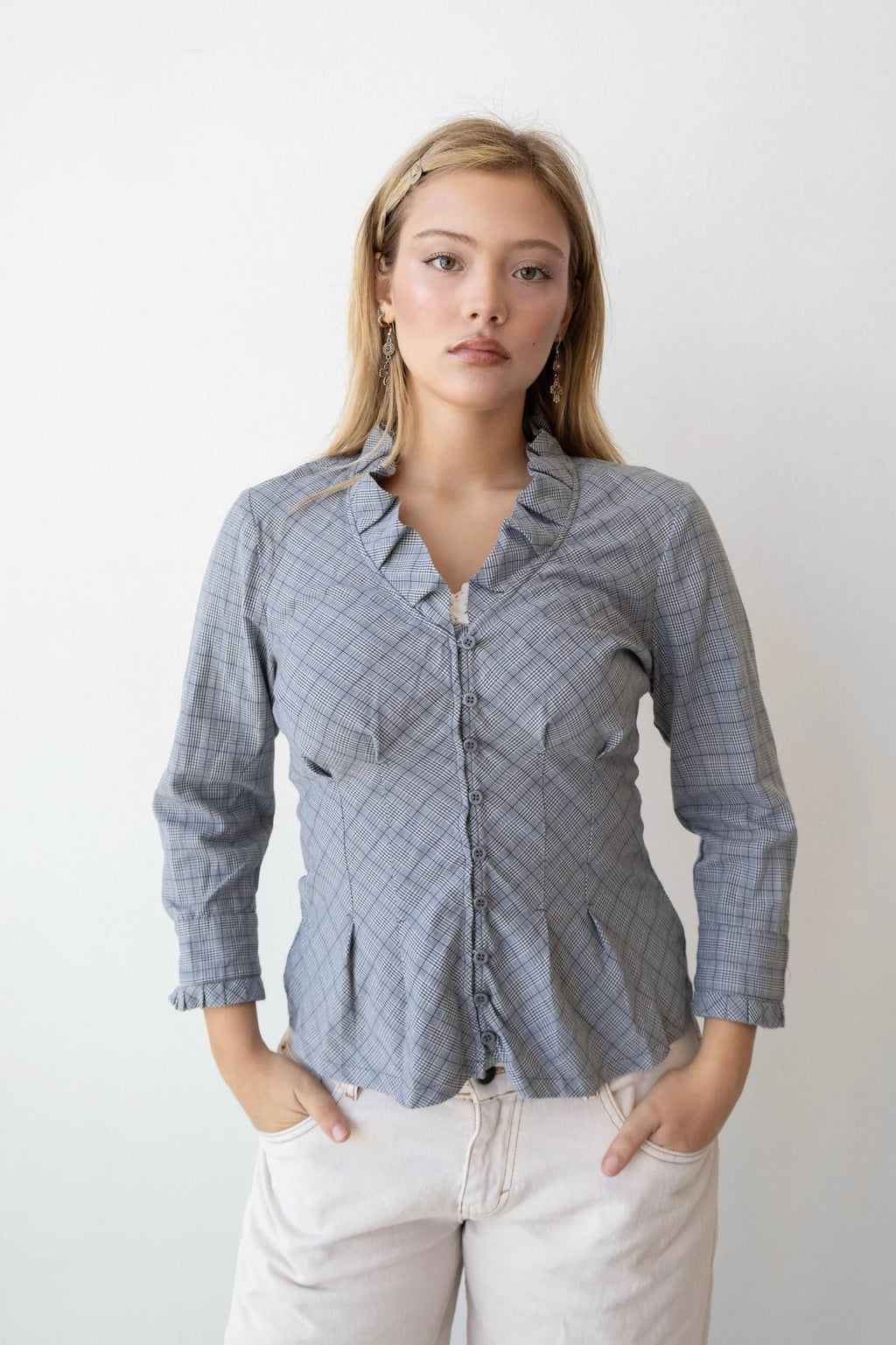 Plaid Button Up Blouse Ruffle Top (Small)