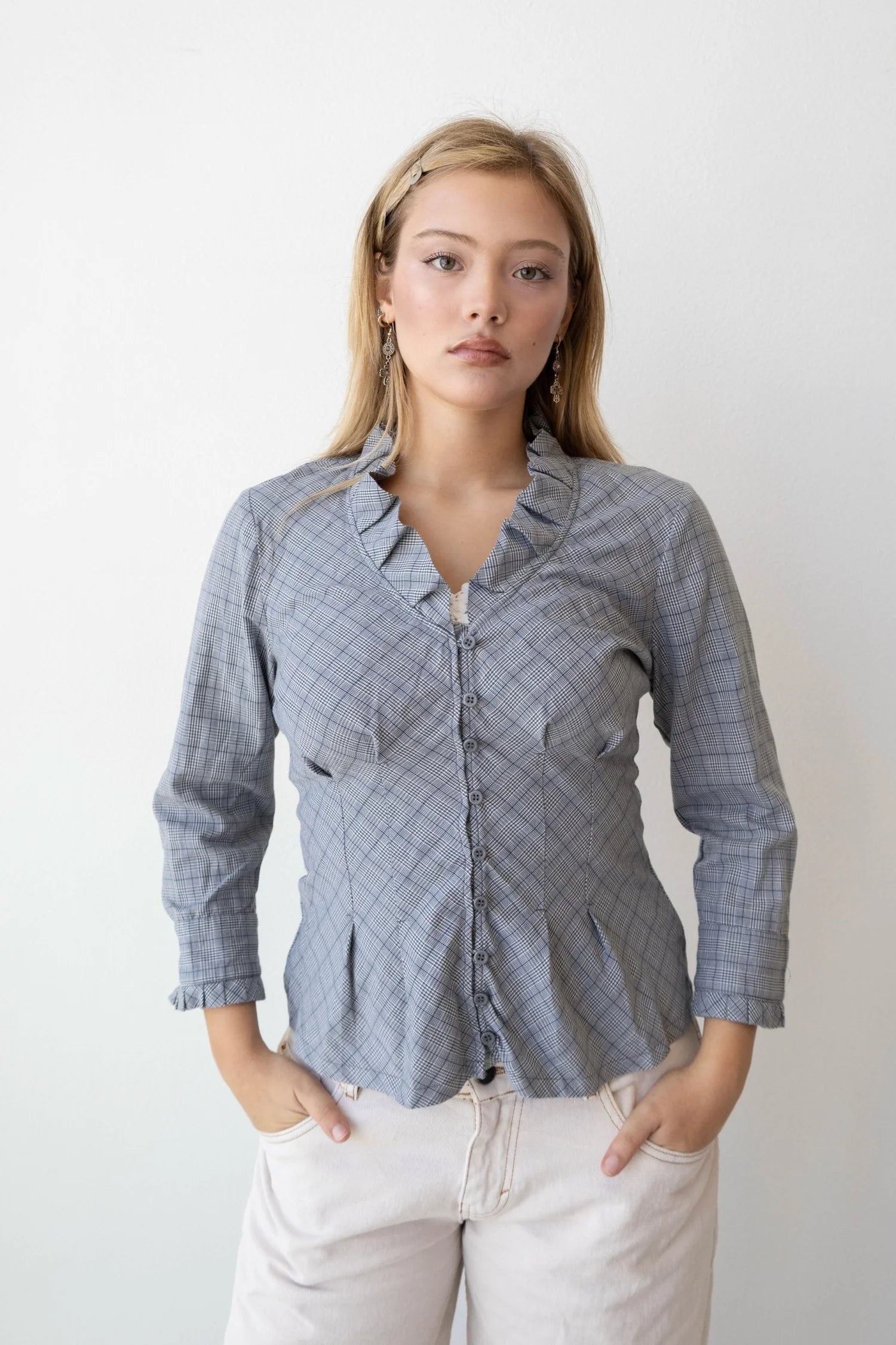 Plaid Button Up Blouse Ruffle Top (Small)