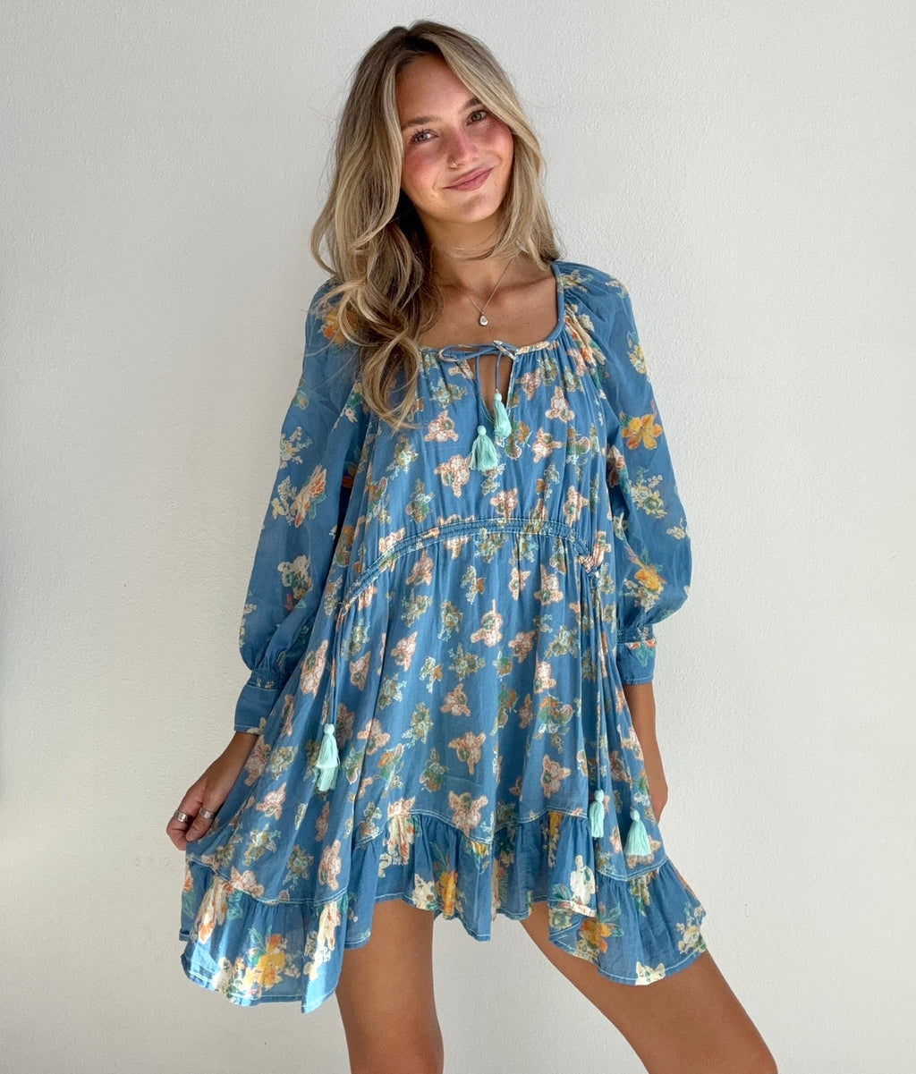 Blue Floral Boho Tunic Dress (Small)