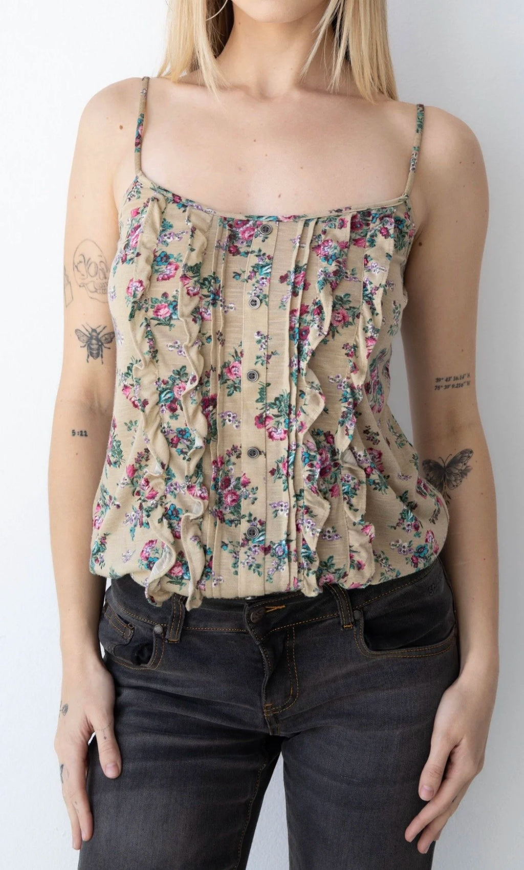 Floral Brown Camisole Ruffle Top (Small)
