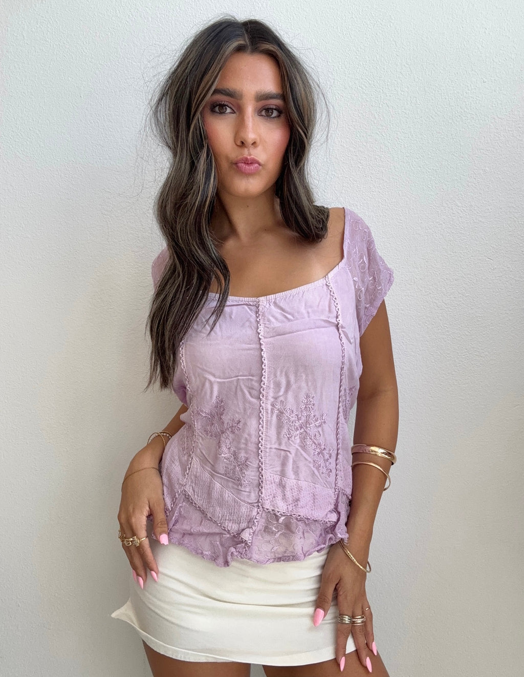 Lavender Embroidered Peasant Top (Medium)