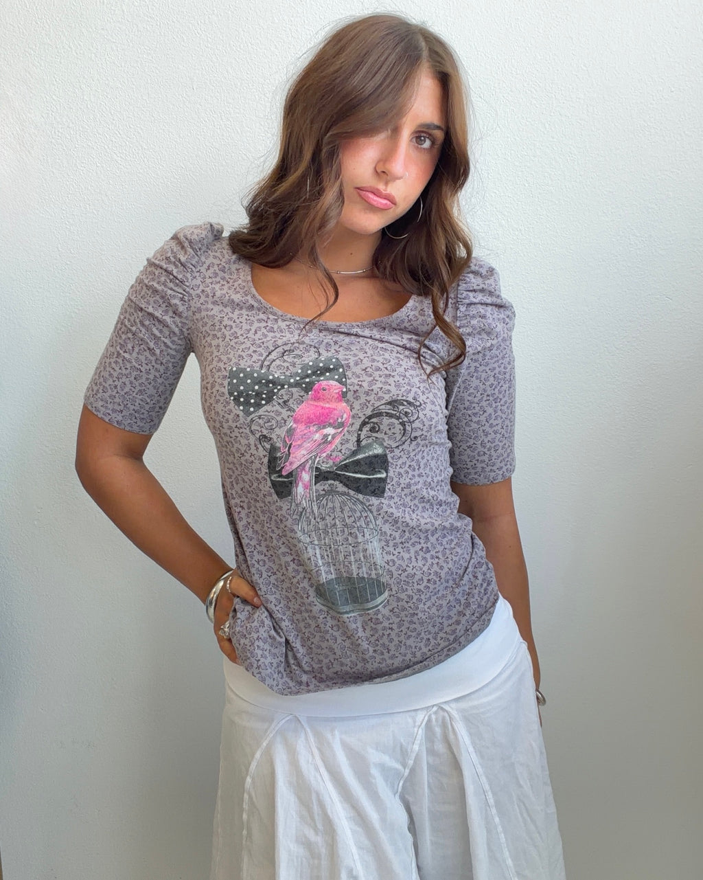 Birdcage Graphic Puff Sleeve Tee (Small)