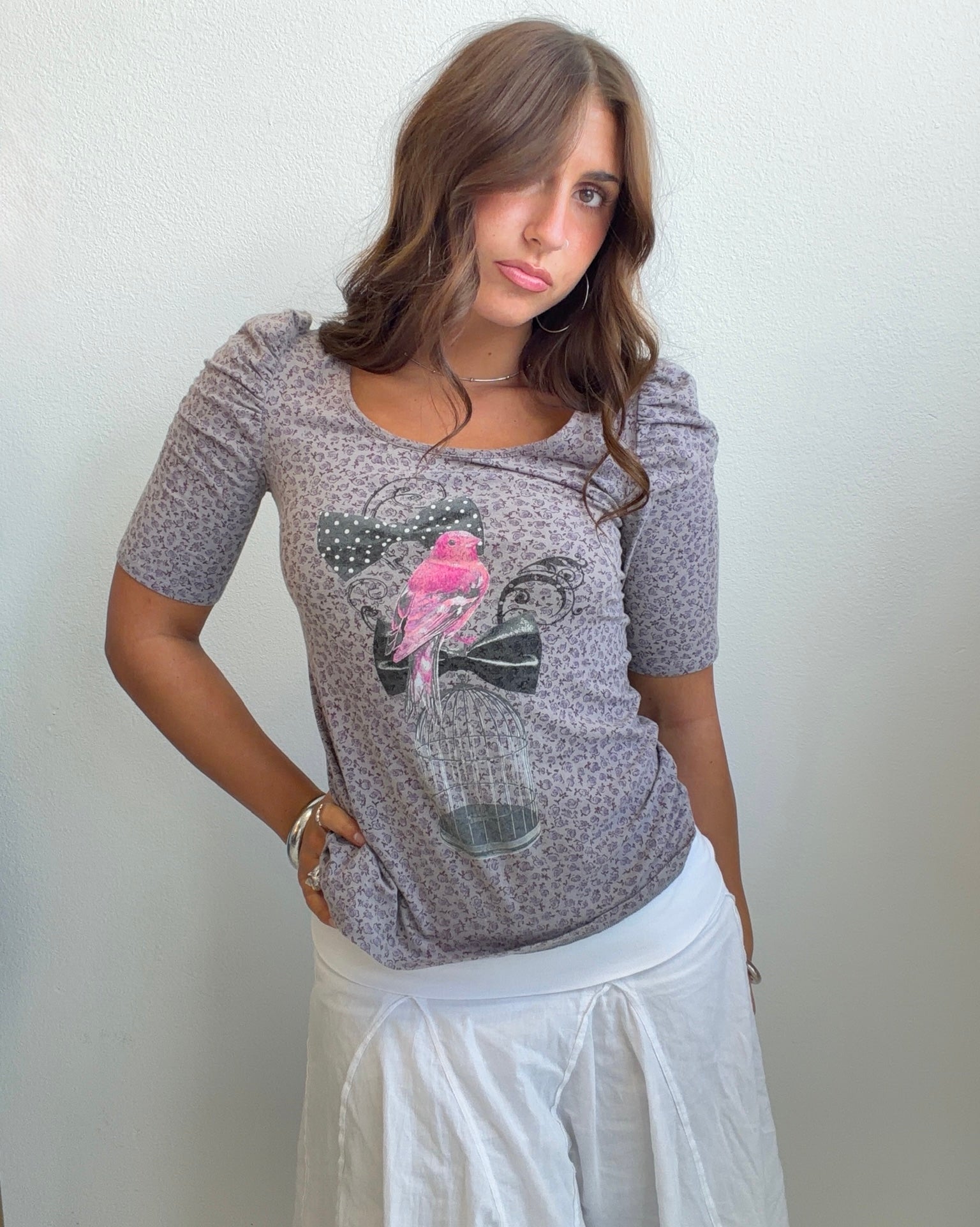 Birdcage Graphic Puff Sleeve Tee (Small)