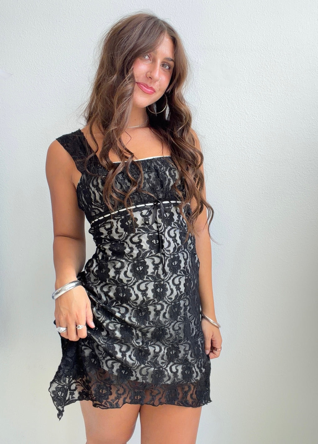 Vintage Black Lace Overlay Dress (Small)