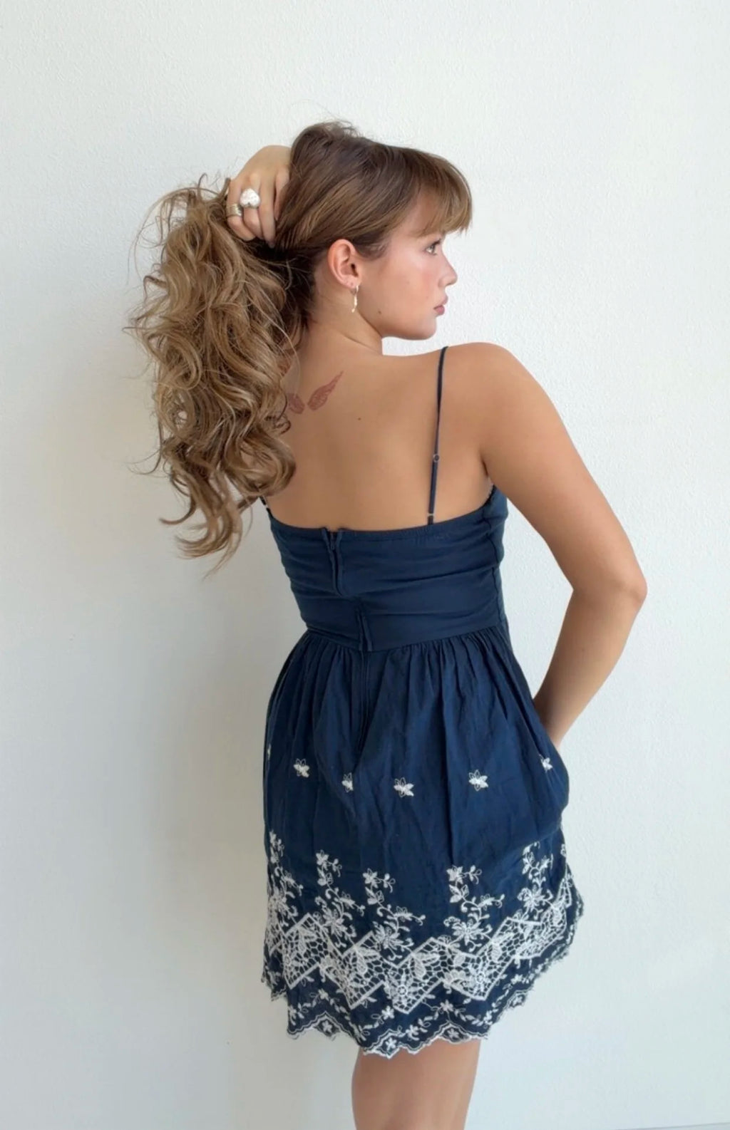 Navy Embroidered Mini Dress (Small)