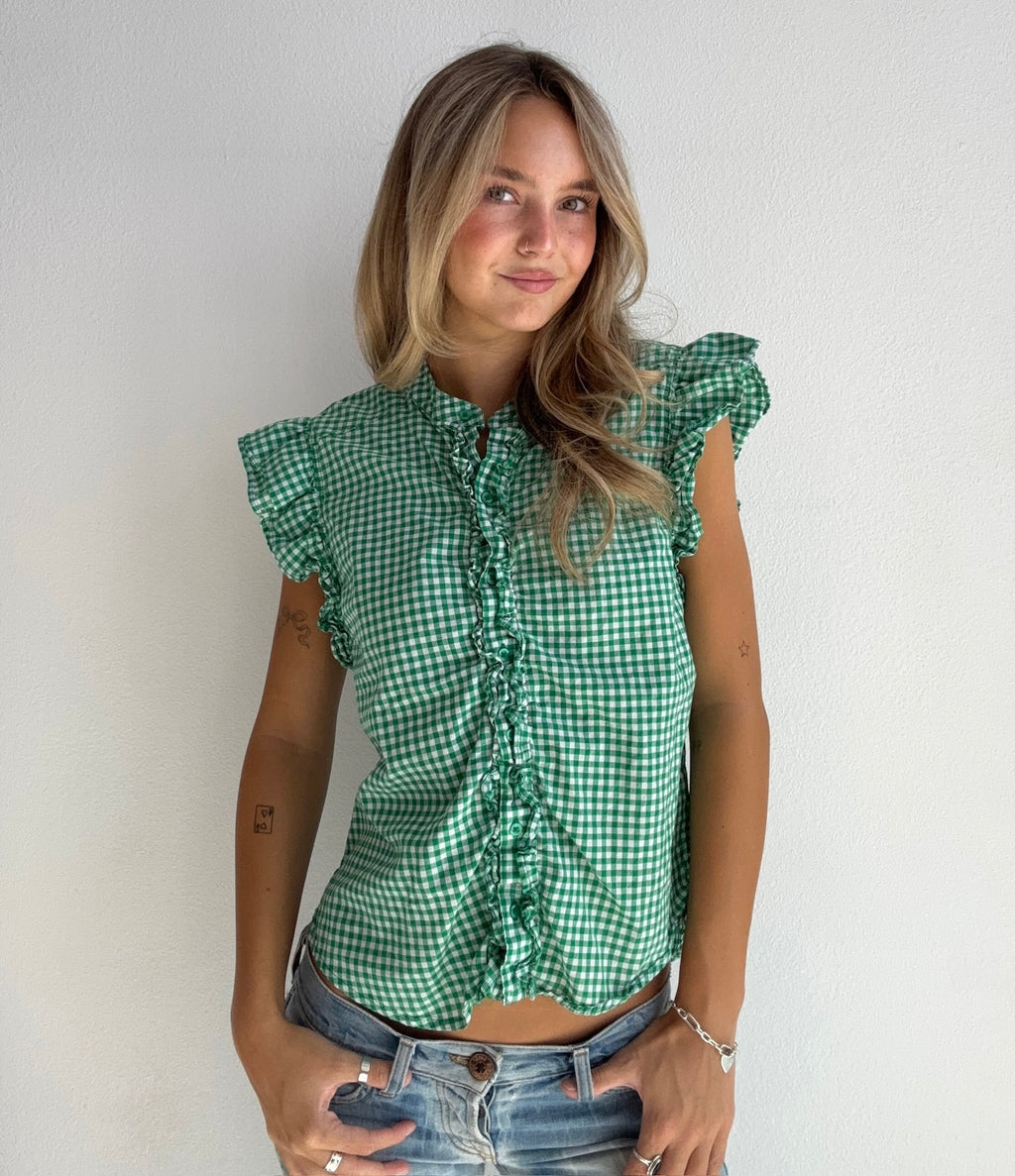 Green Gingham Ruffle Top (Medium)