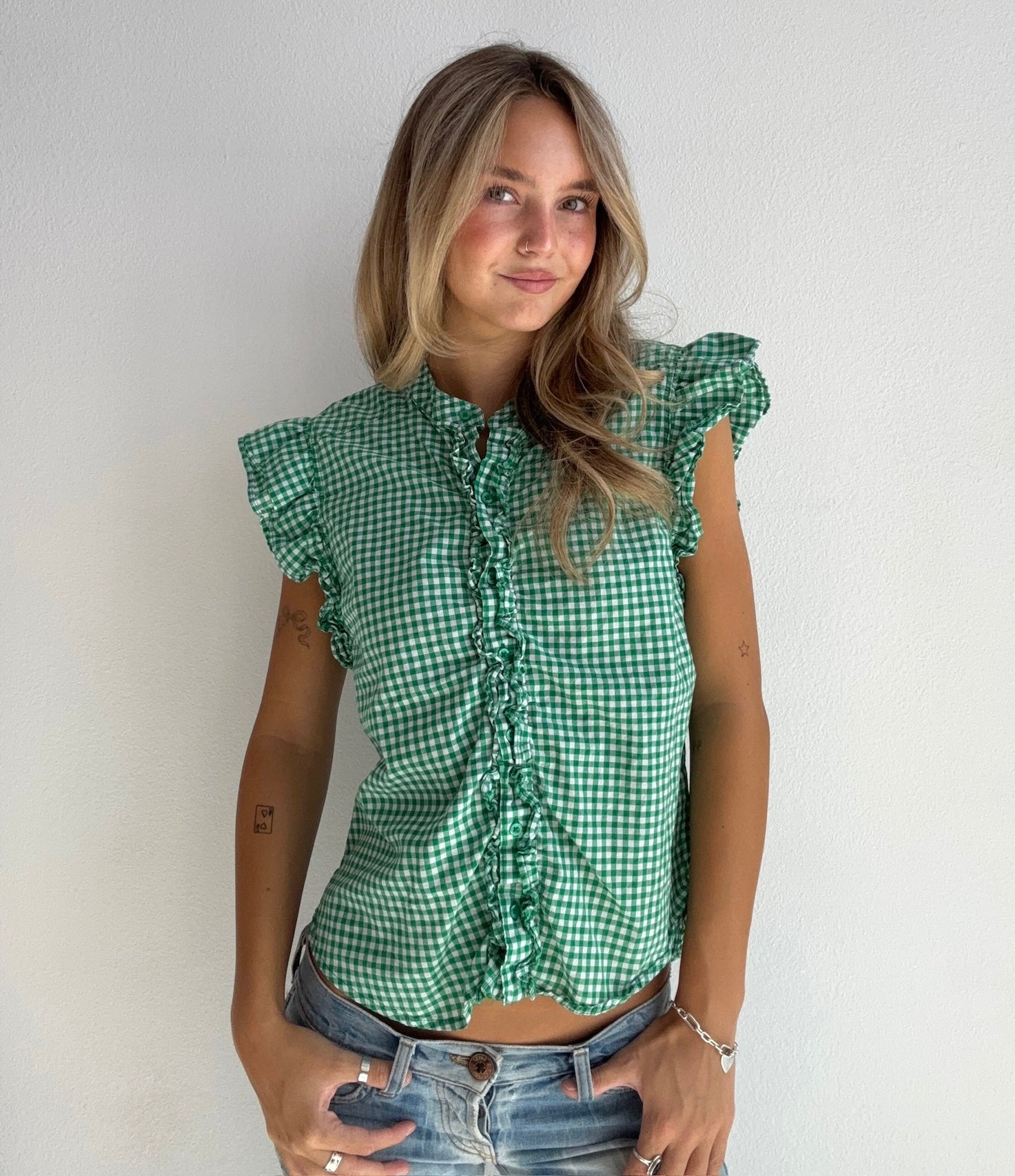 Green Gingham Ruffle Top (Medium)