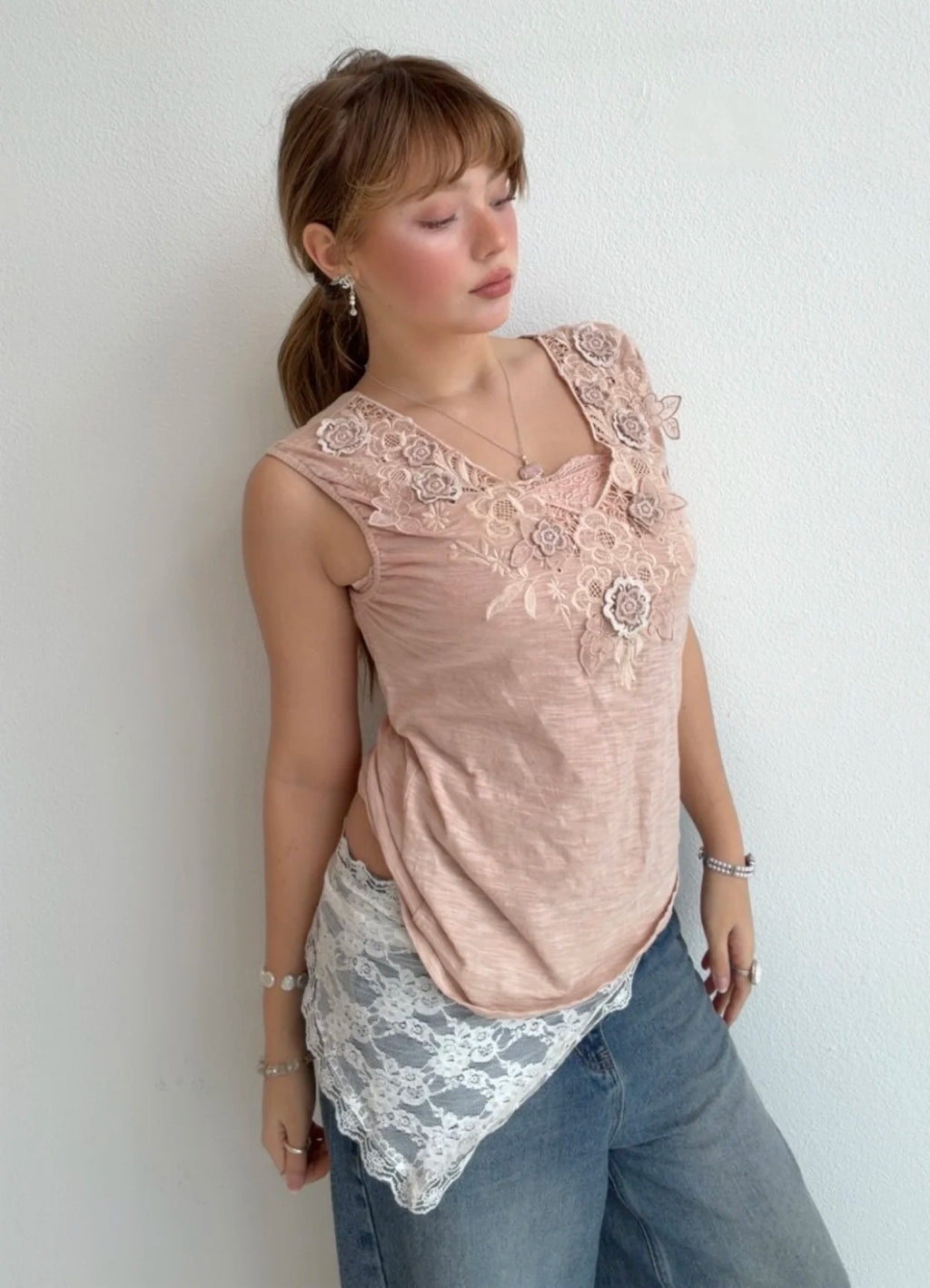 Soft Blush Floral Appliqué Top (Small)