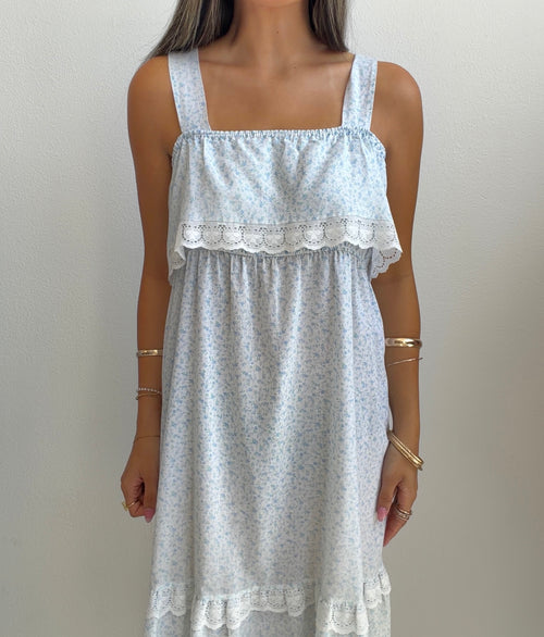 Blue Floral Lace Trim Prairie Dress (M/L)