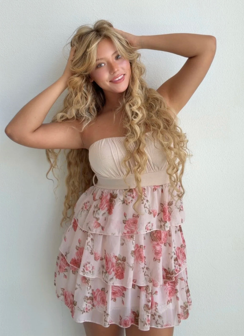 Pink Rose Tiered Mini Dress (Medium)