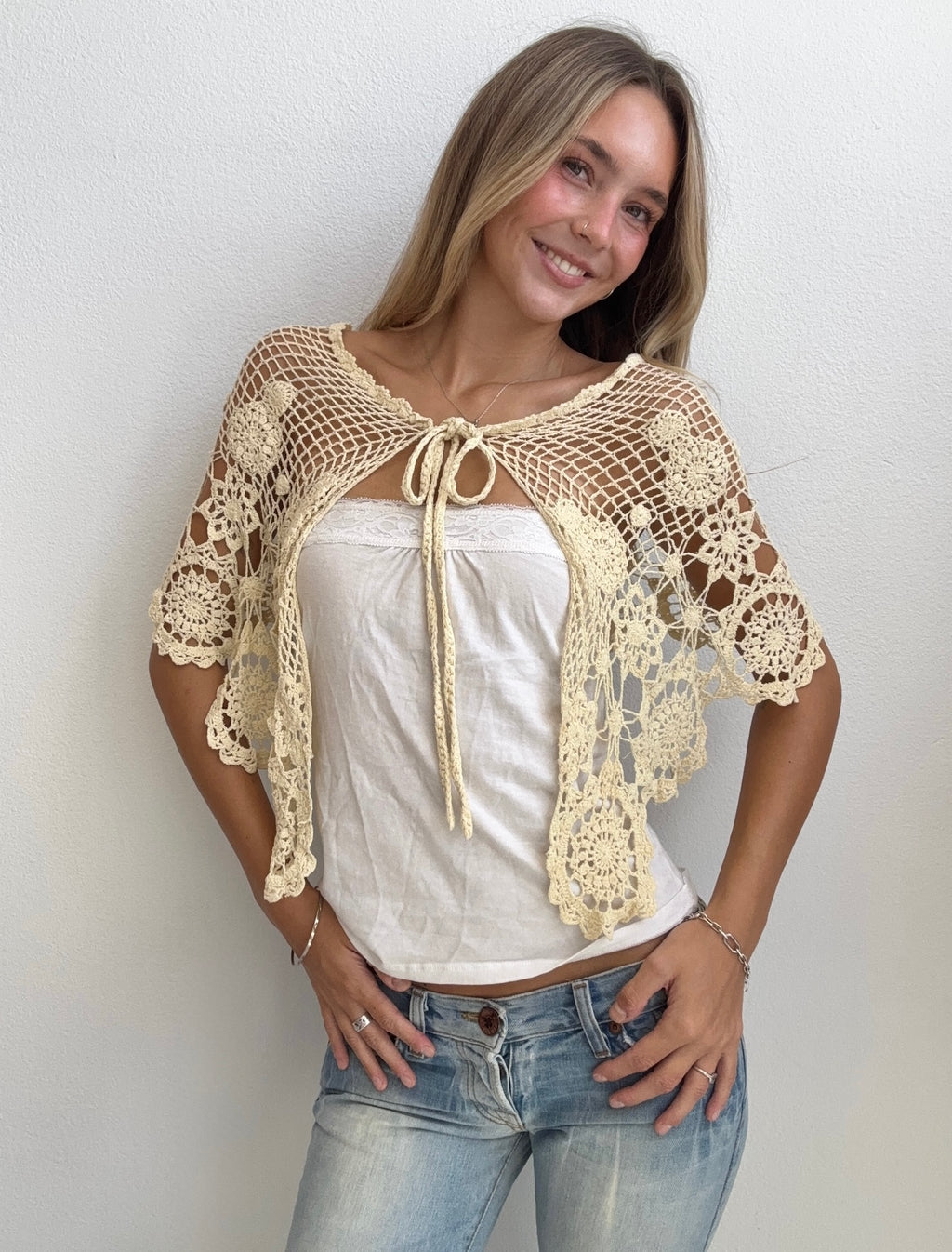 Cream Crochet Tie Cardigan (Small)