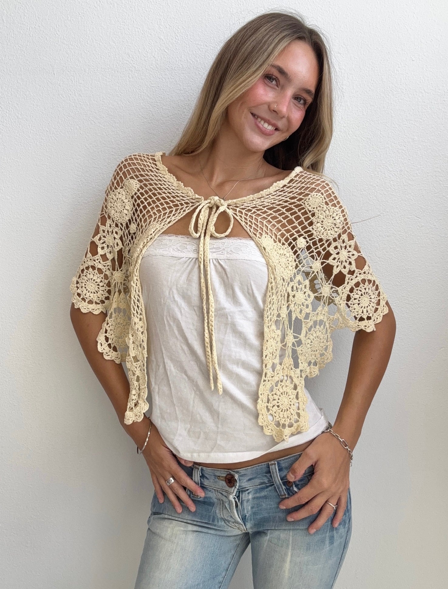 Cream Crochet Tie Cardigan (Small)