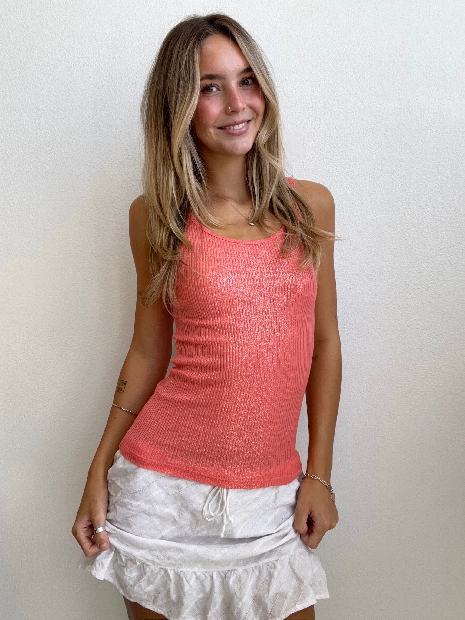 Coral Shimmer Ribbed Tank (Small)