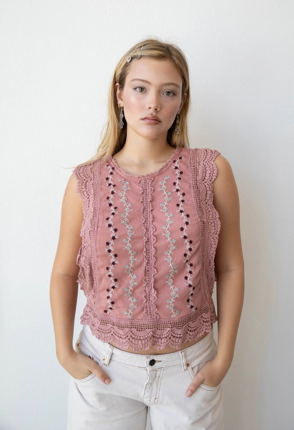 Pink Floral Mesh Boho Top (Medium)