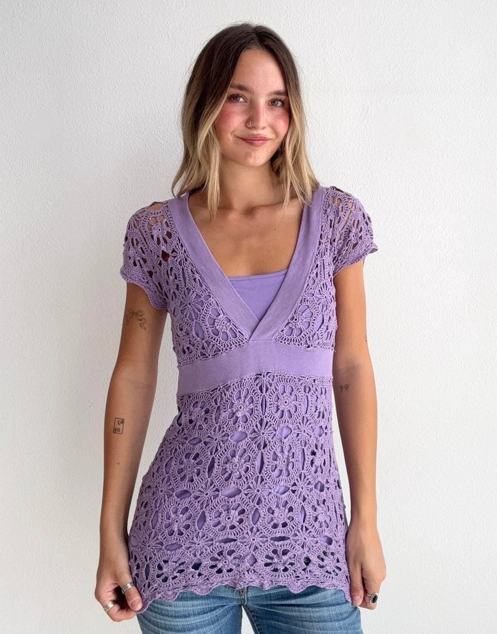 Crochet Lace Silk Blouse Top (Medium)