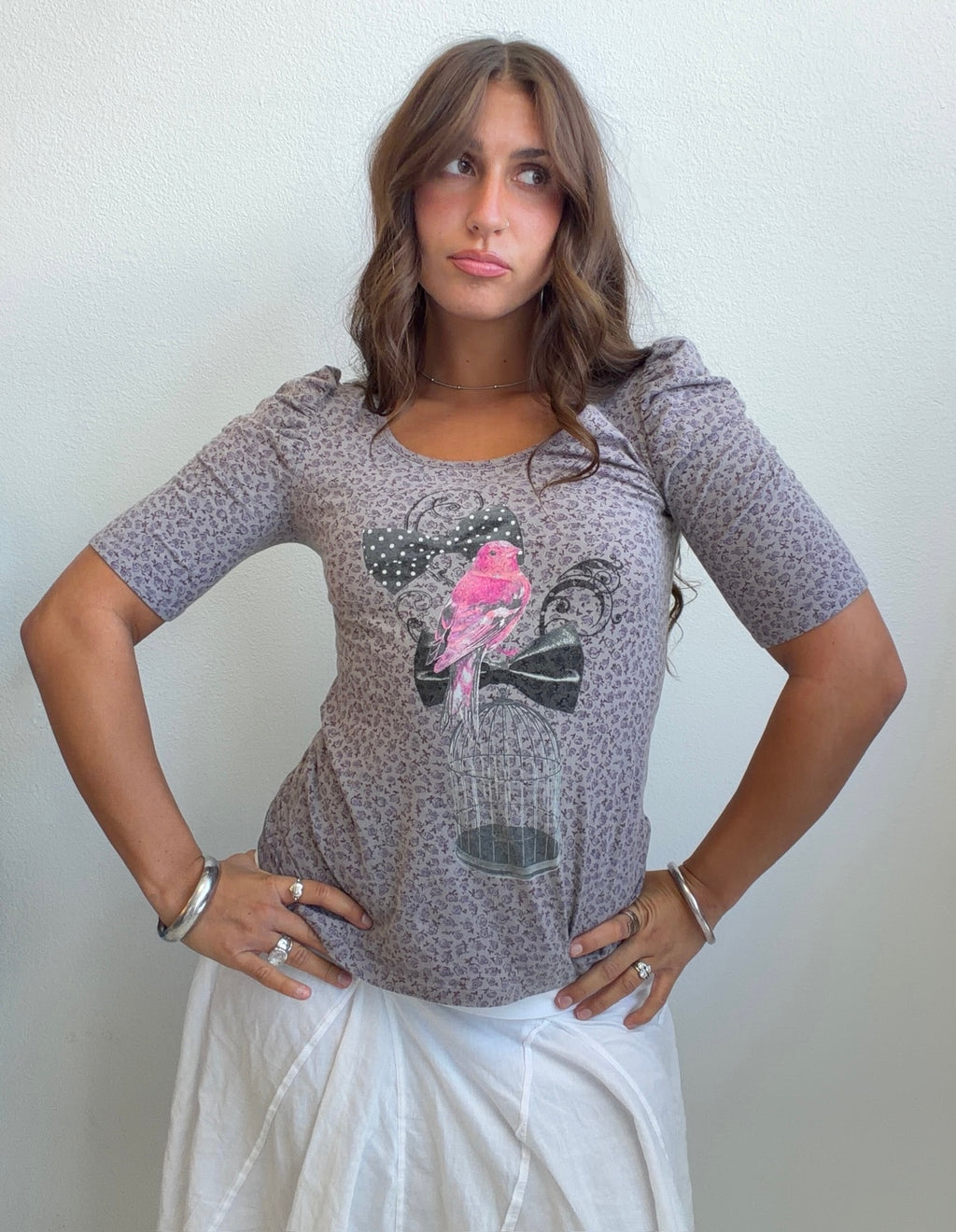 Birdcage Graphic Puff Sleeve Tee (Small)