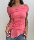Coral Off Shoulder Ruched Top (Small)