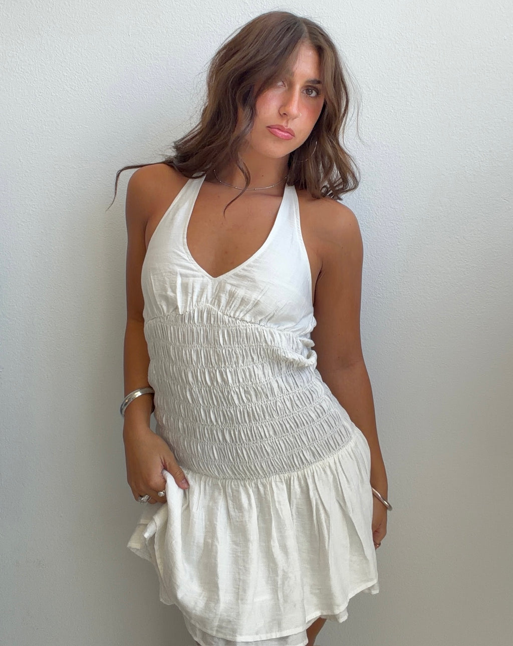 White Smocked Halter Mini Dress (Small)
