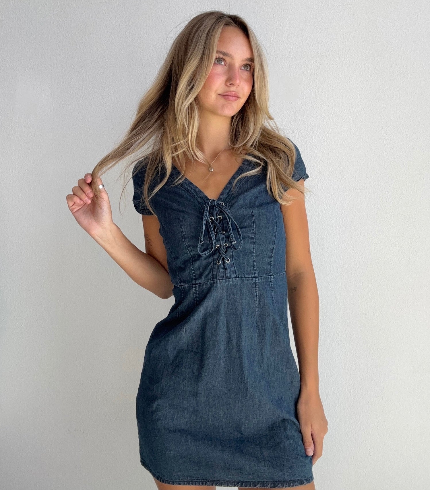 Dark Wash Lace Up Denim Dress (Small)