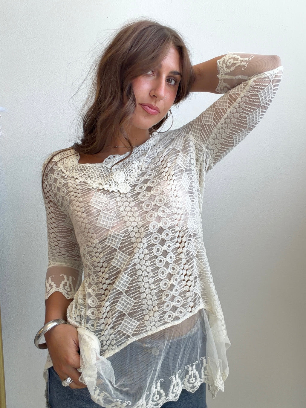 Ivory Lace Mesh Tunic Top (Small)