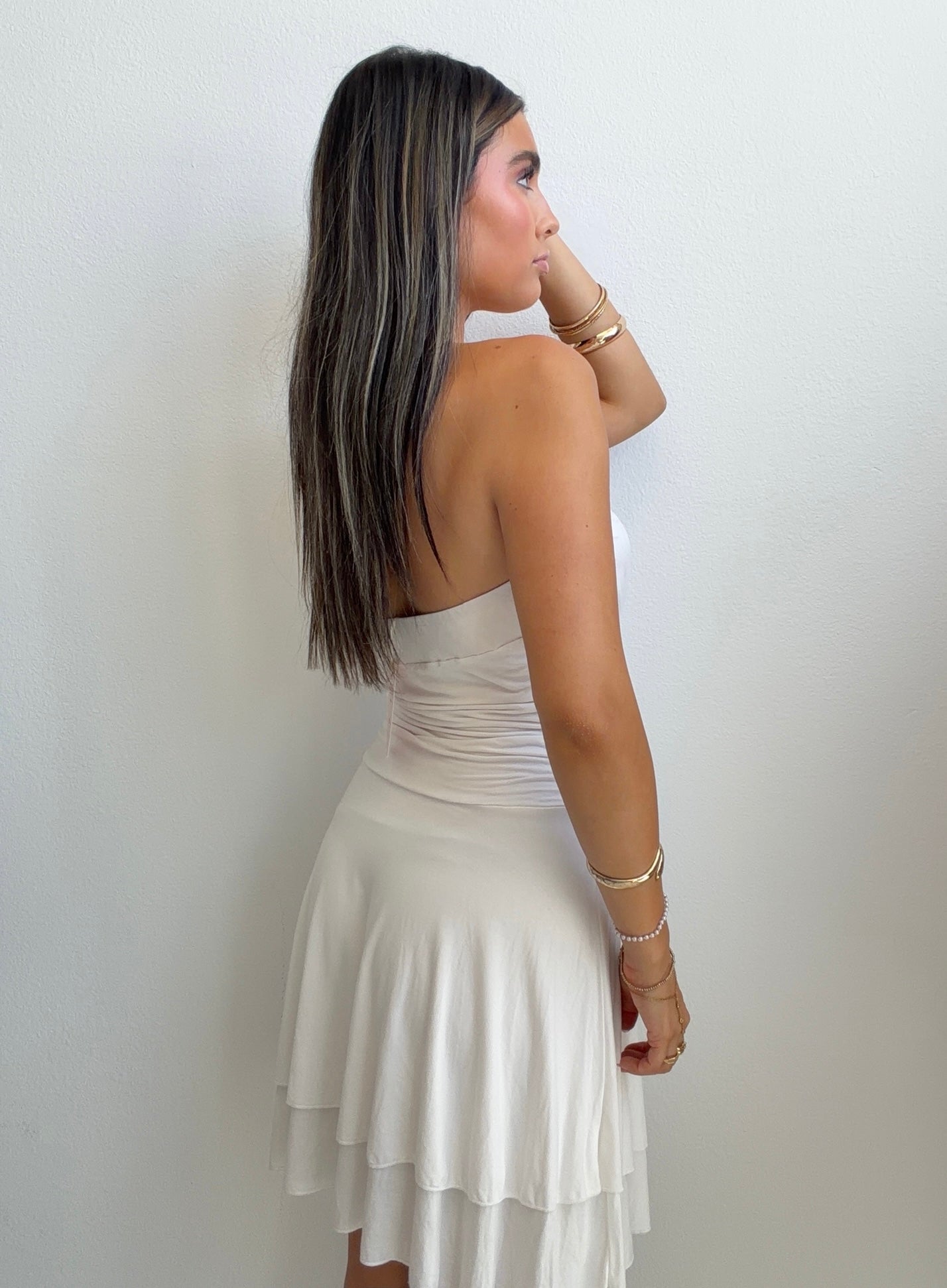 White Strapless Ruched Mini Dress (Small)