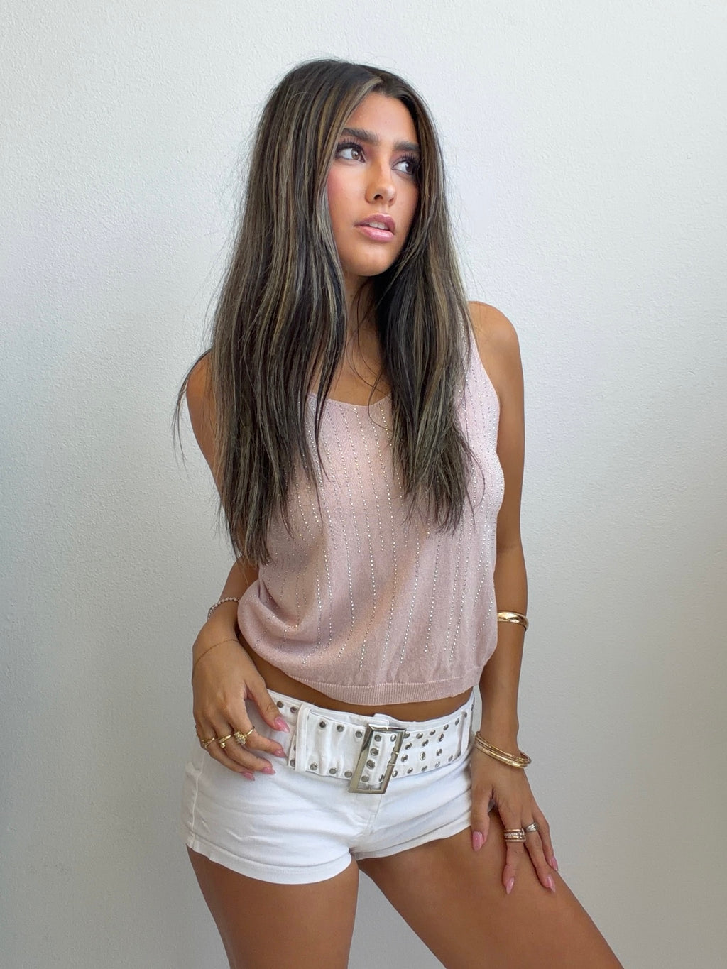 Blush Rhinestone Knit Tank (Small)