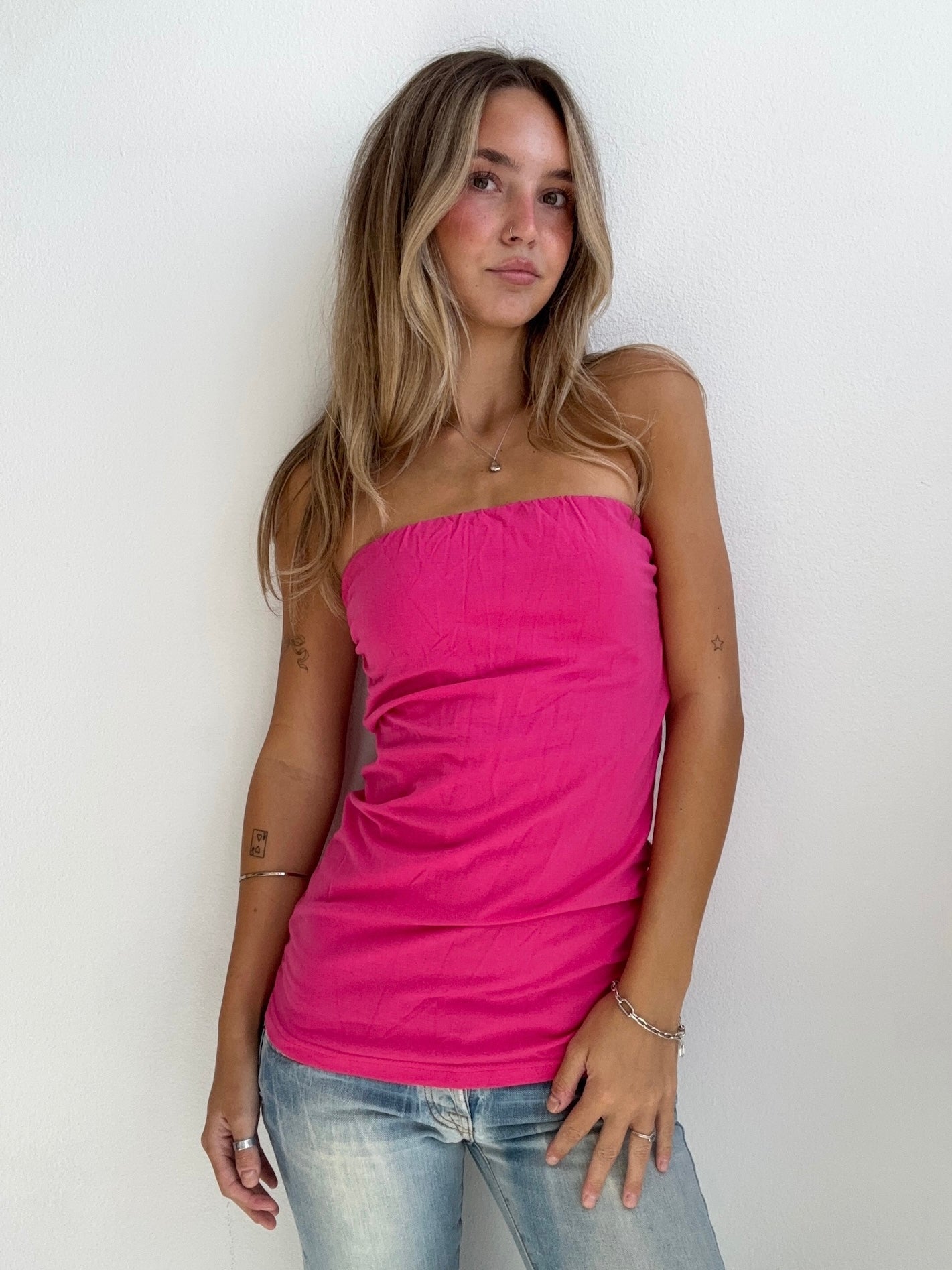 Y2K Hot Pink Strapless Tube Top (Small)