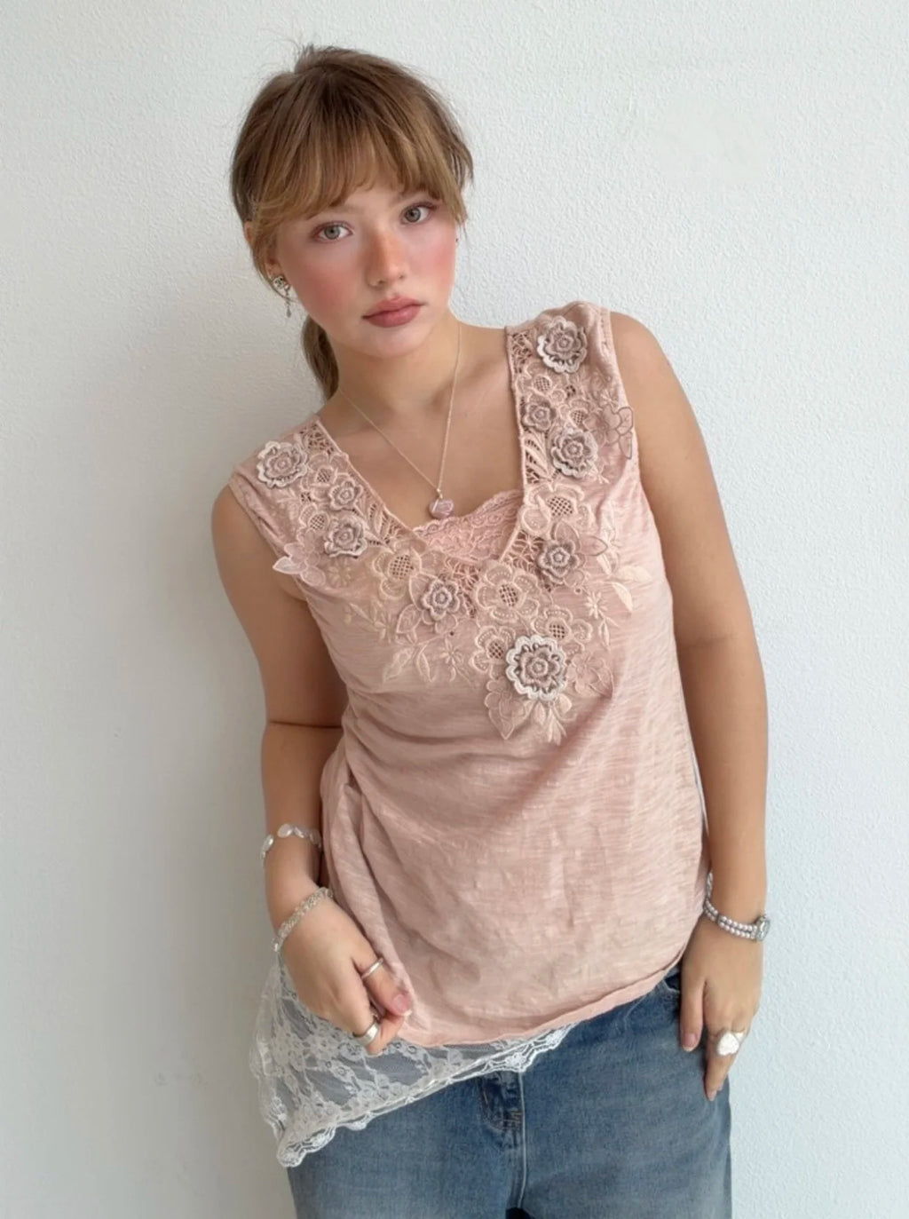 Soft Blush Floral Appliqué Top (Small)