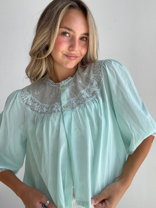 1970’s Mint Lace Sheer Blouse (Small)