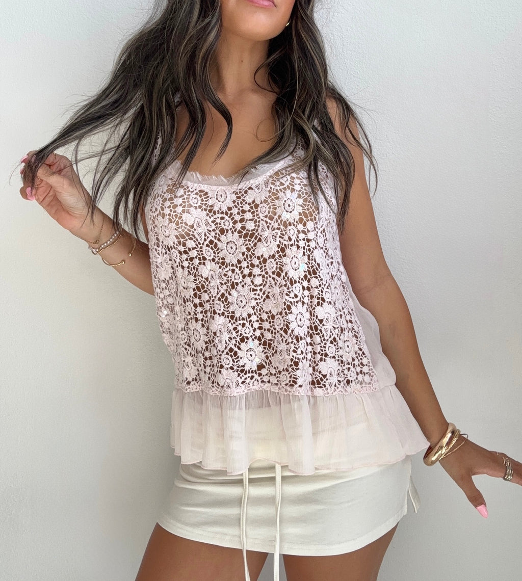 Blush Pink Lace Sequin Tank (Medium)