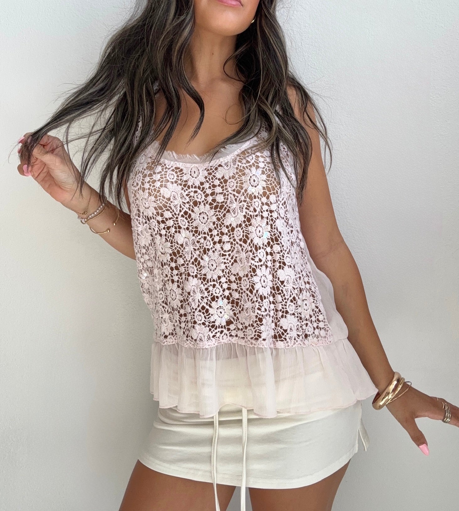 Blush Pink Lace Sequin Tank (Medium)