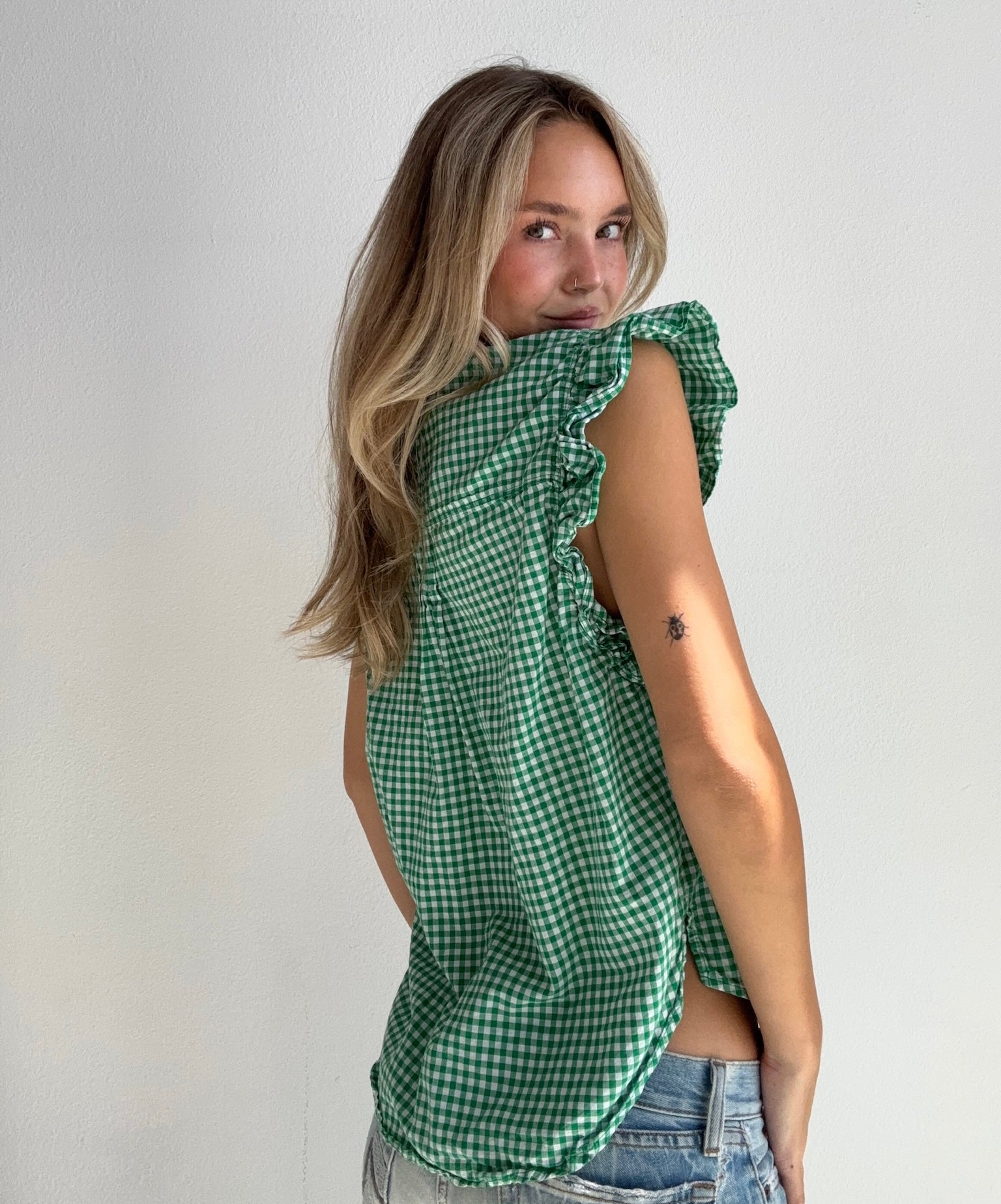 Green Gingham Ruffle Top (Medium)