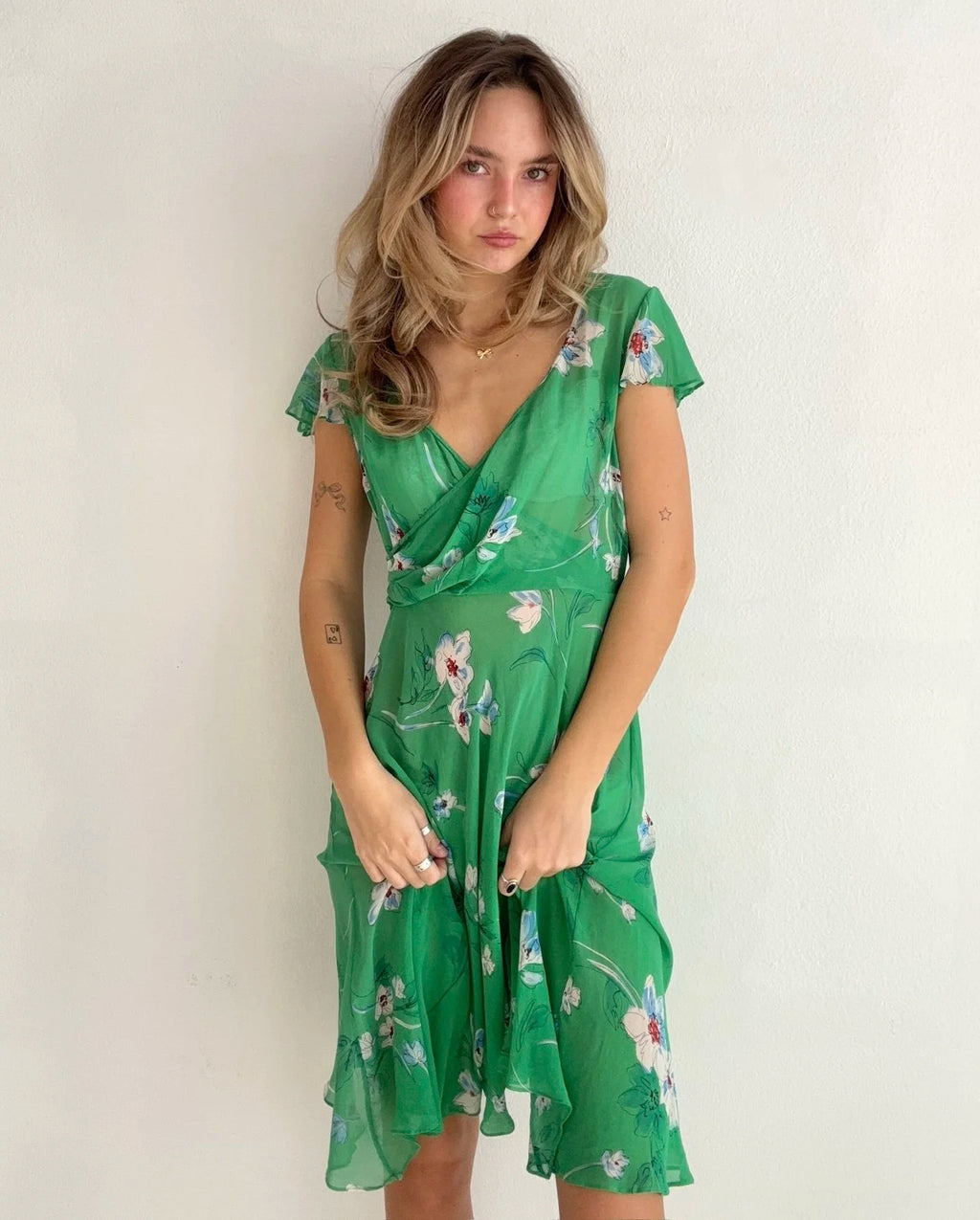 Sheer Green Floral Wrap Dress (XS)