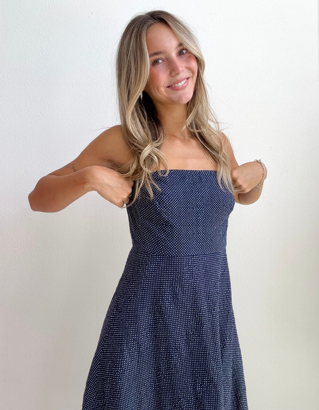 Navy Polka Dot Midi Dress (Small)