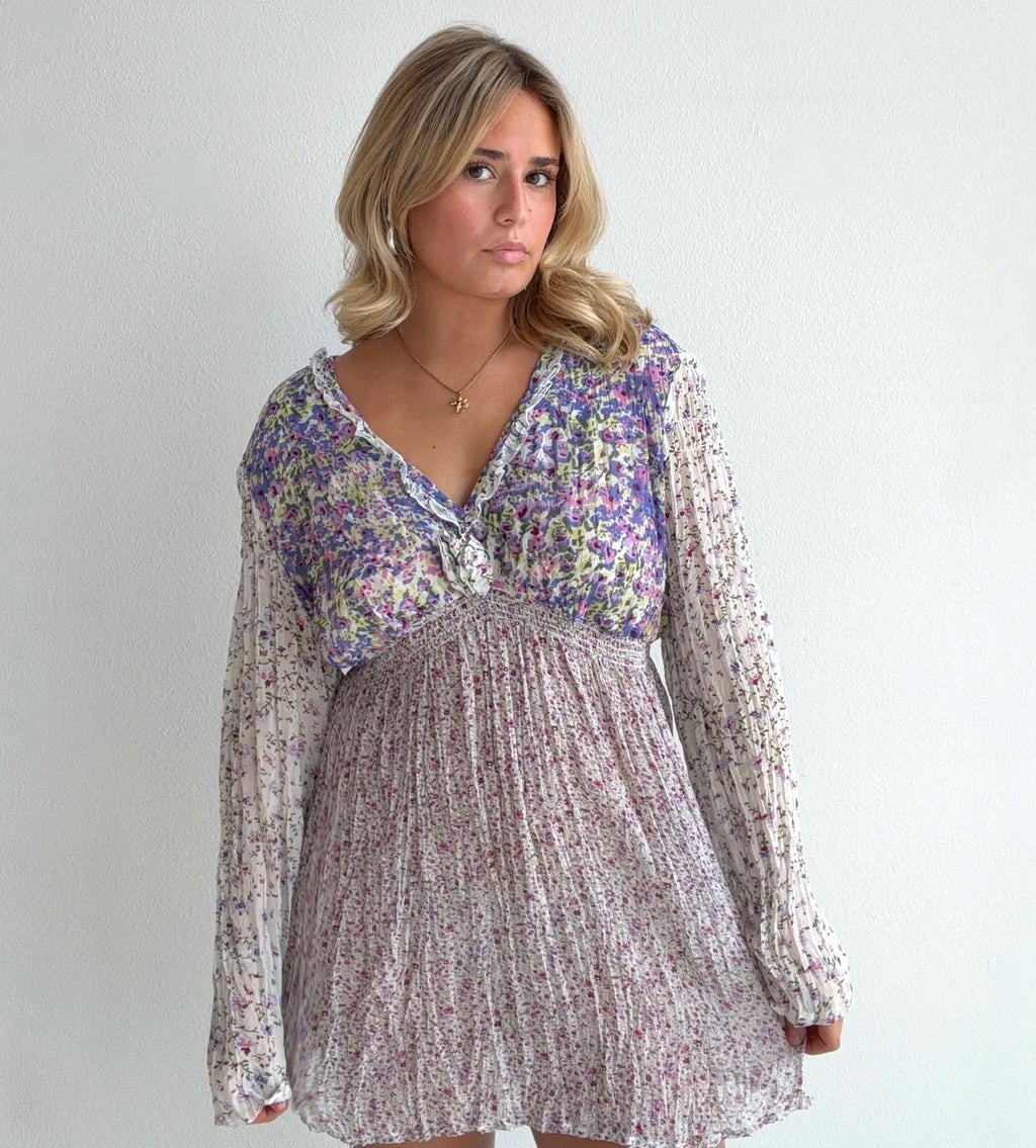 Boho Floral Long Sleeve Mini Dress (Large)