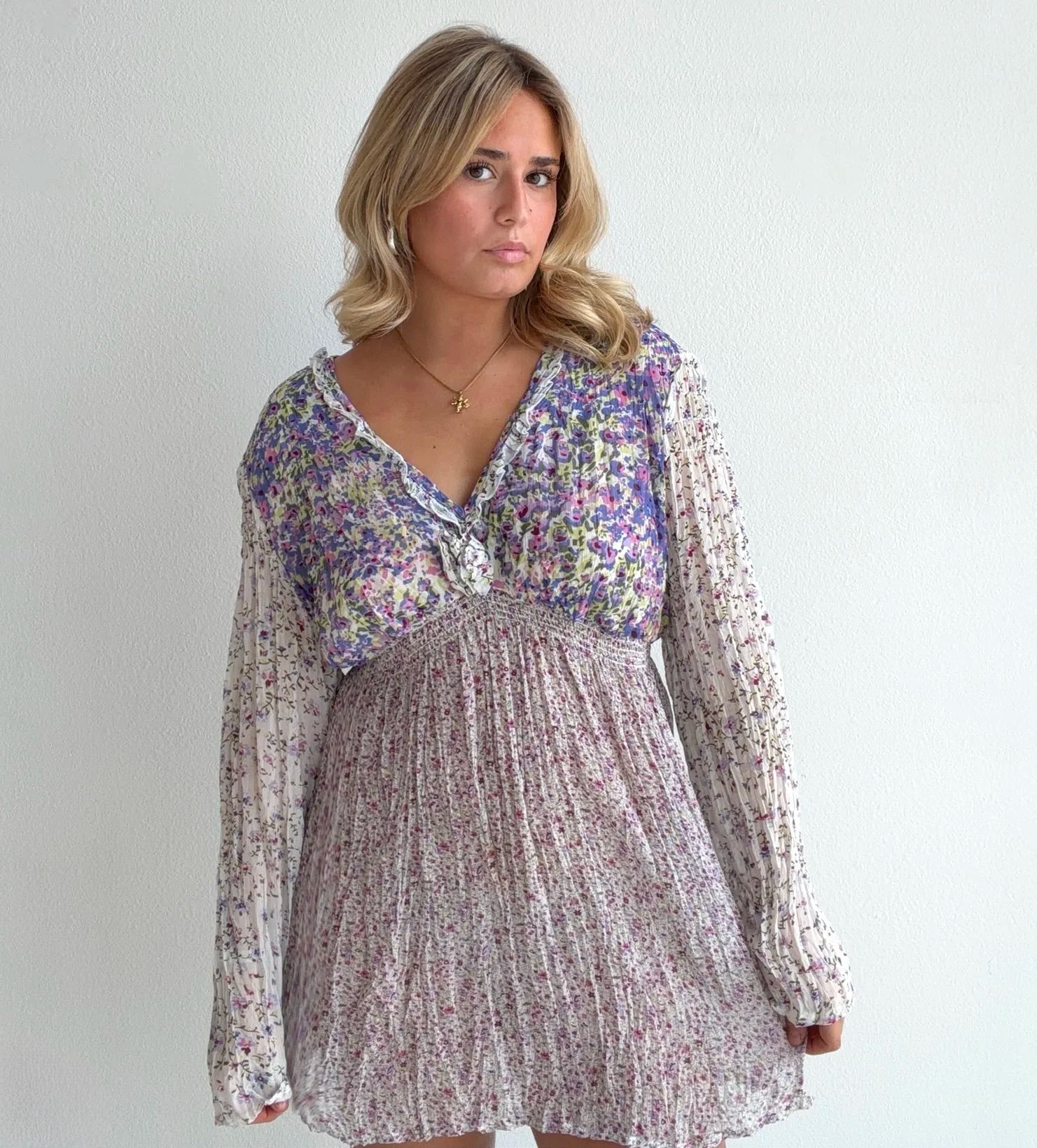 Boho Floral Long Sleeve Mini Dress (Large)