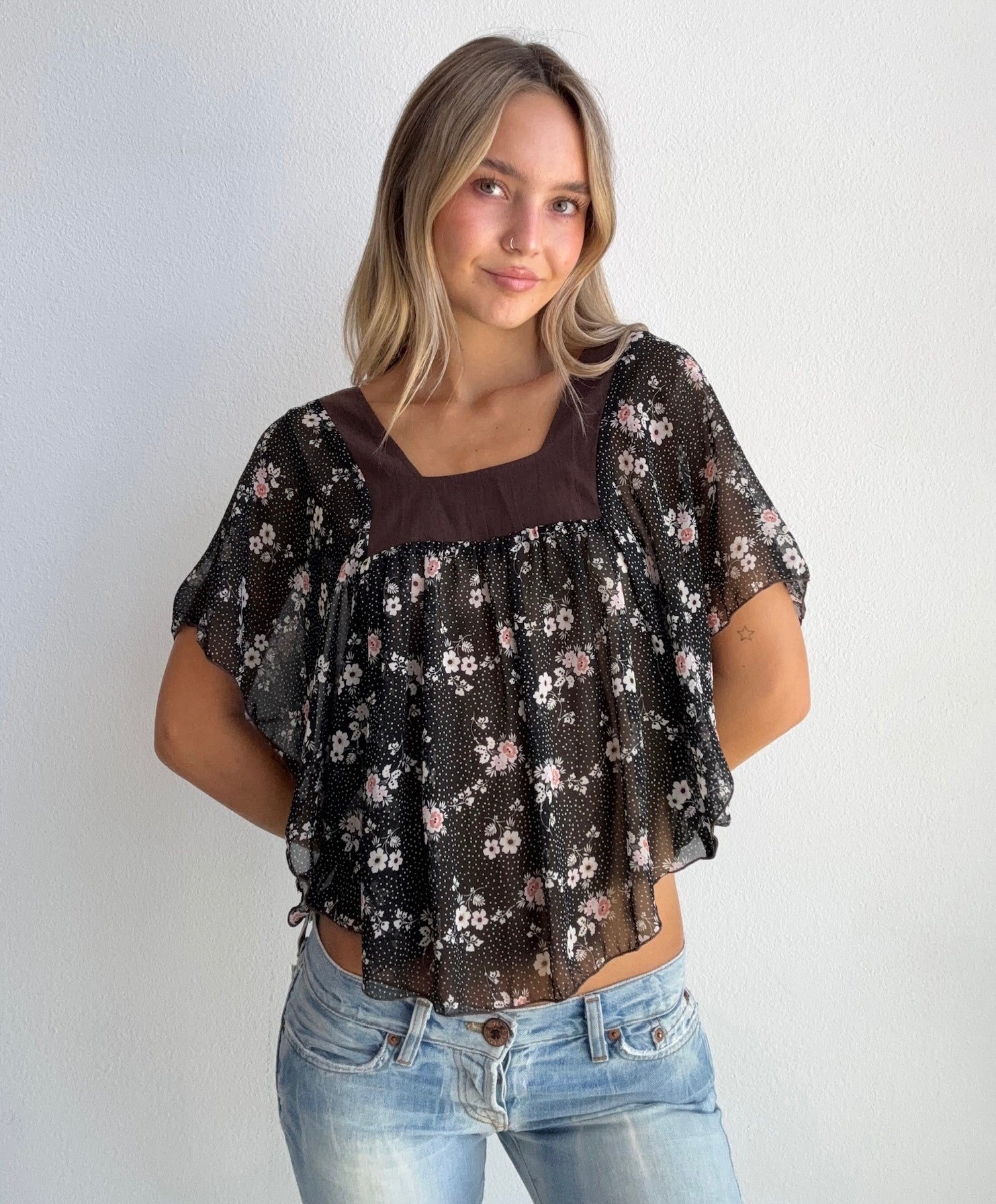 Brown Floral Babydoll Flowy Top (Small)