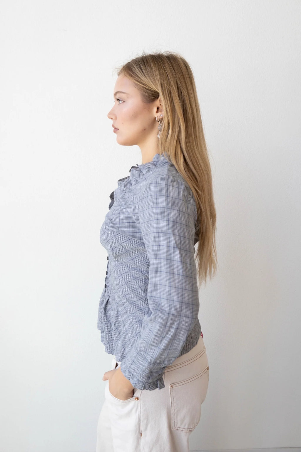 Plaid Button Up Blouse Ruffle Top (Small)