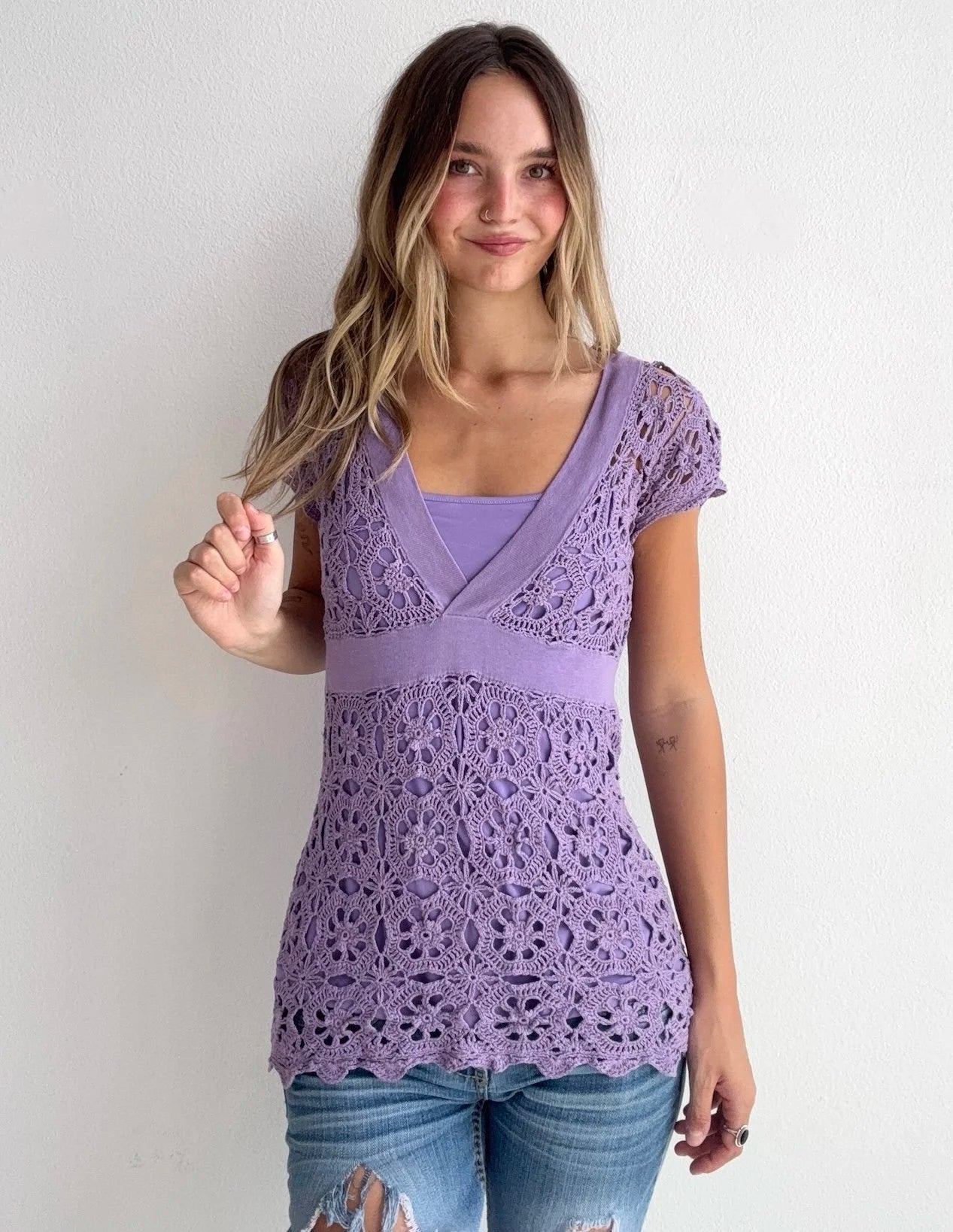 Crochet Lace Silk Blouse Top (Medium)