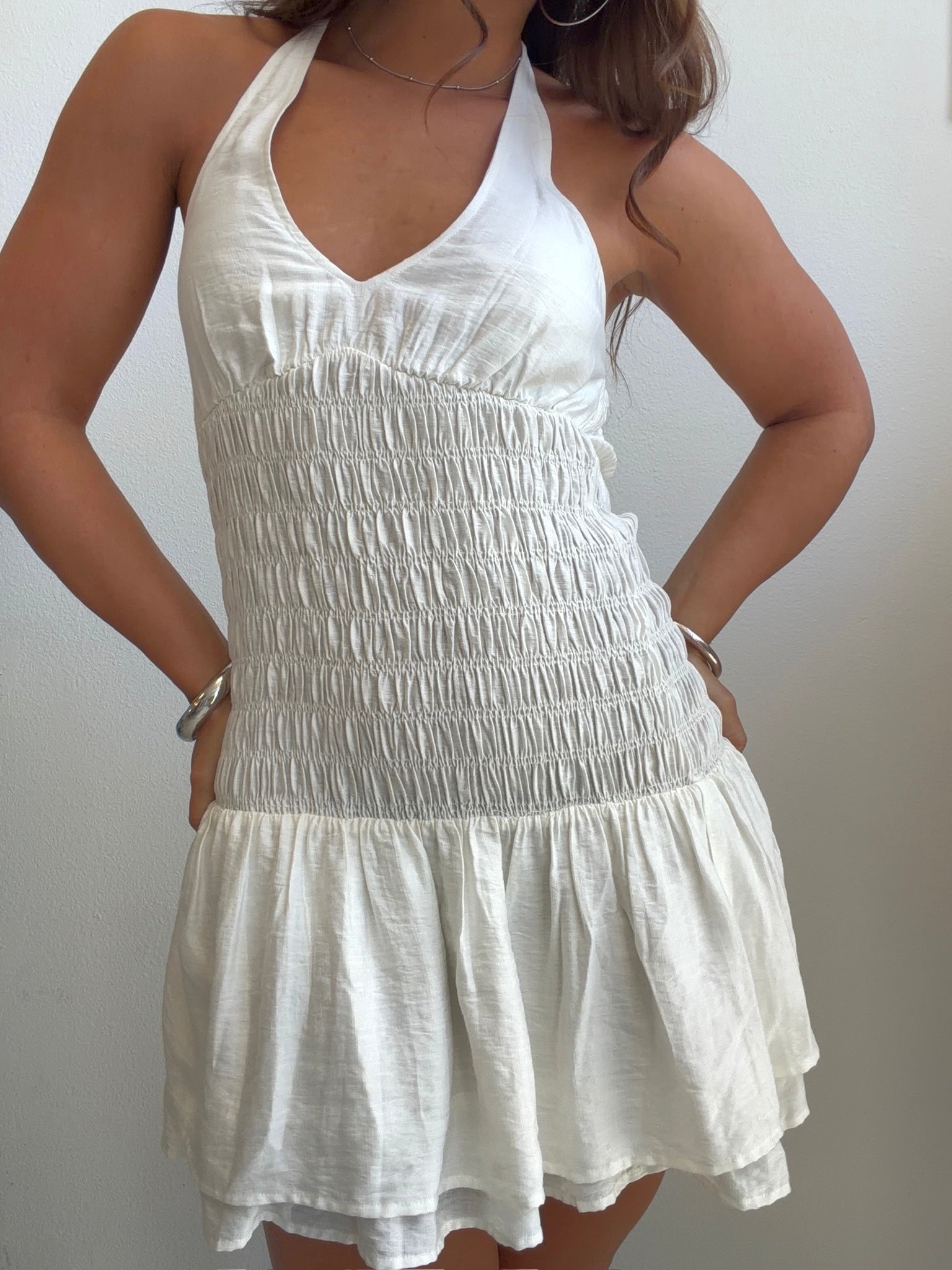 White Smocked Halter Mini Dress (Small)