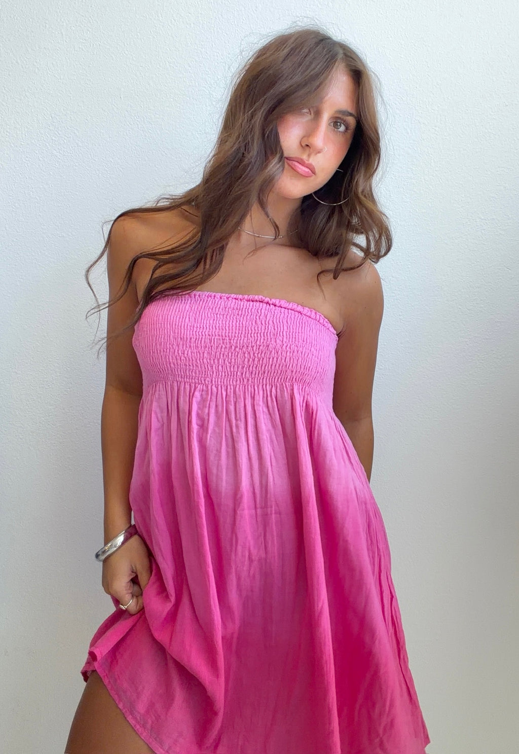 Pink Smocked Strapless Midi Dress (Medium)