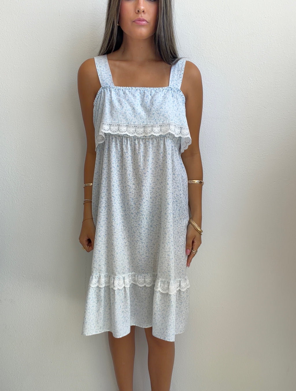 Blue Floral Lace Trim Prairie Dress (M/L)