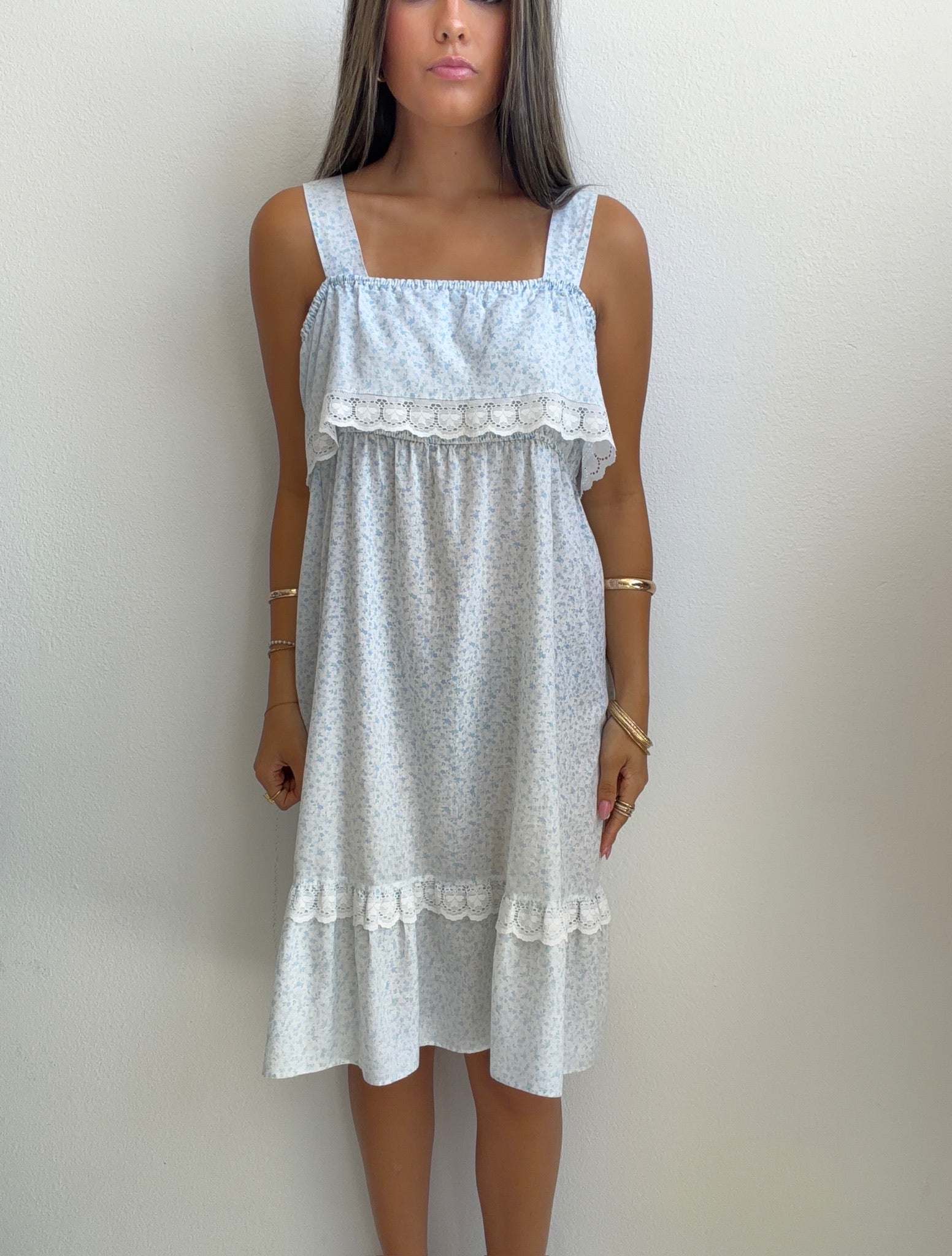 Blue Floral Lace Trim Prairie Dress (M/L)